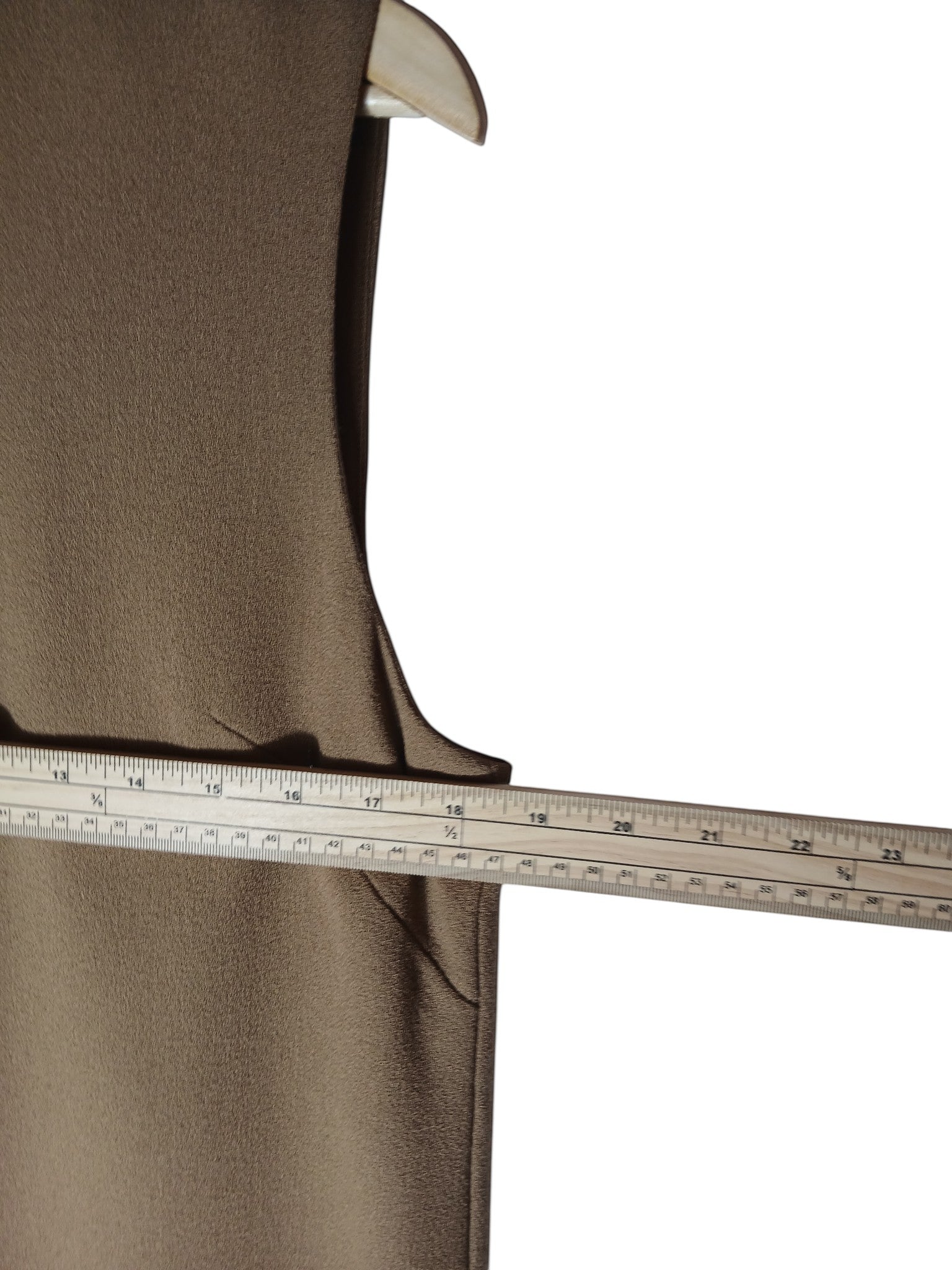 Department Store UK P.A.R.O.S.H. camel sleeveless shift dress being measured with a wooden ruler