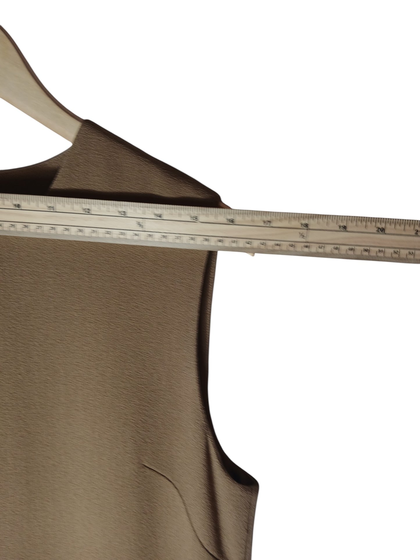 Department Store UK P.A.R.O.S.H. camel sleeveless shift dress being measured with a wooden ruler