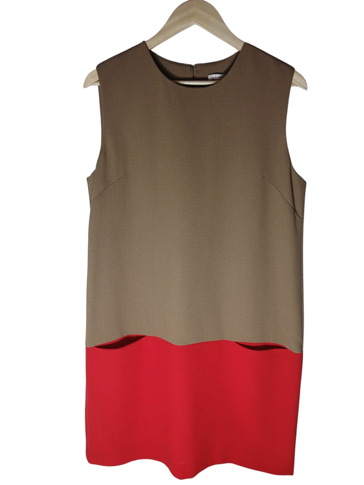 Department Store UK P.A.R.O.S.H. sleeveless shift dress in camel and red with a scalloped hemline detail.