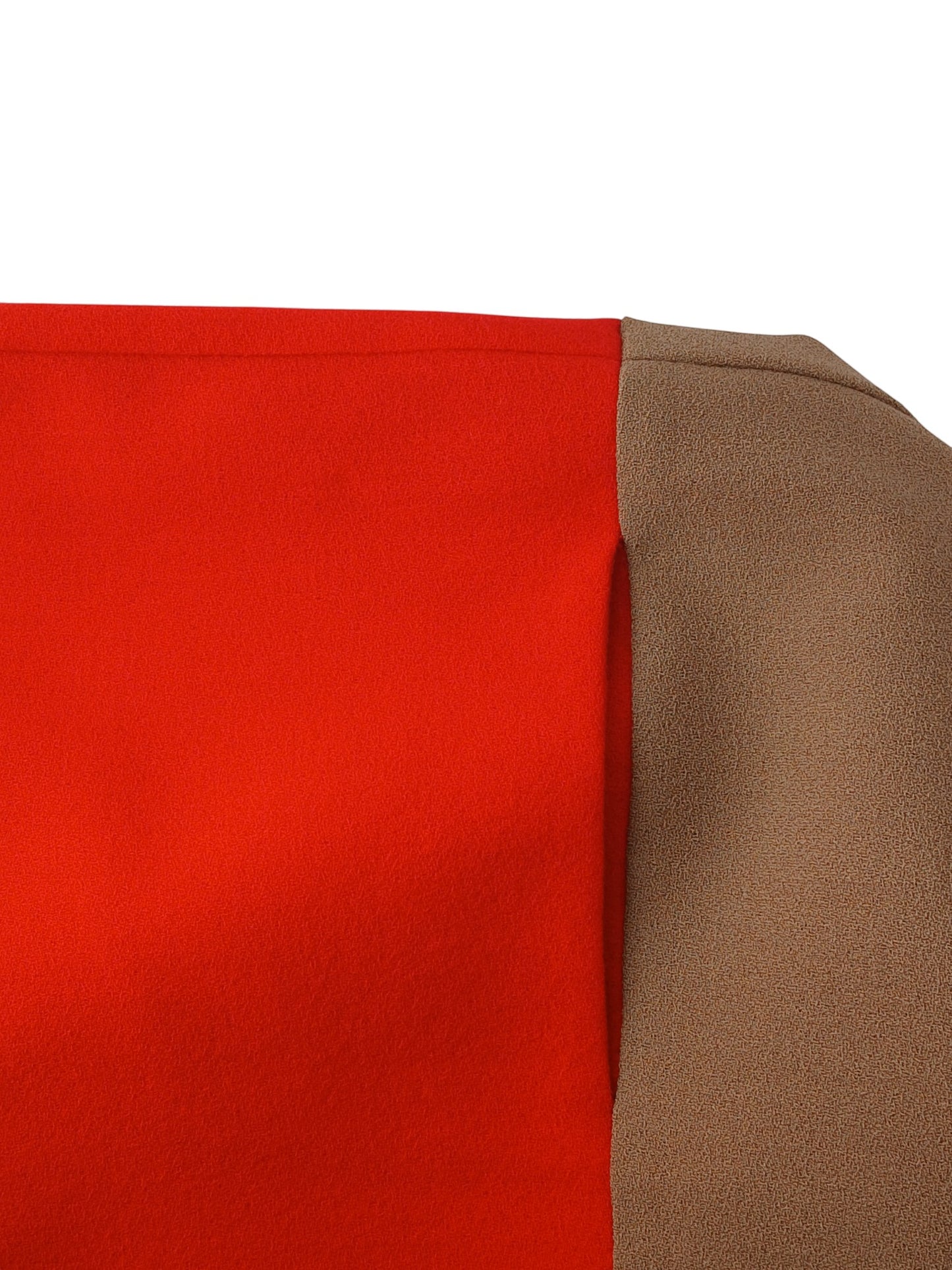 Department Store UK P.A.R.O.S.H. sleeveless shift dress featuring a two-tone camel and red colour block design.