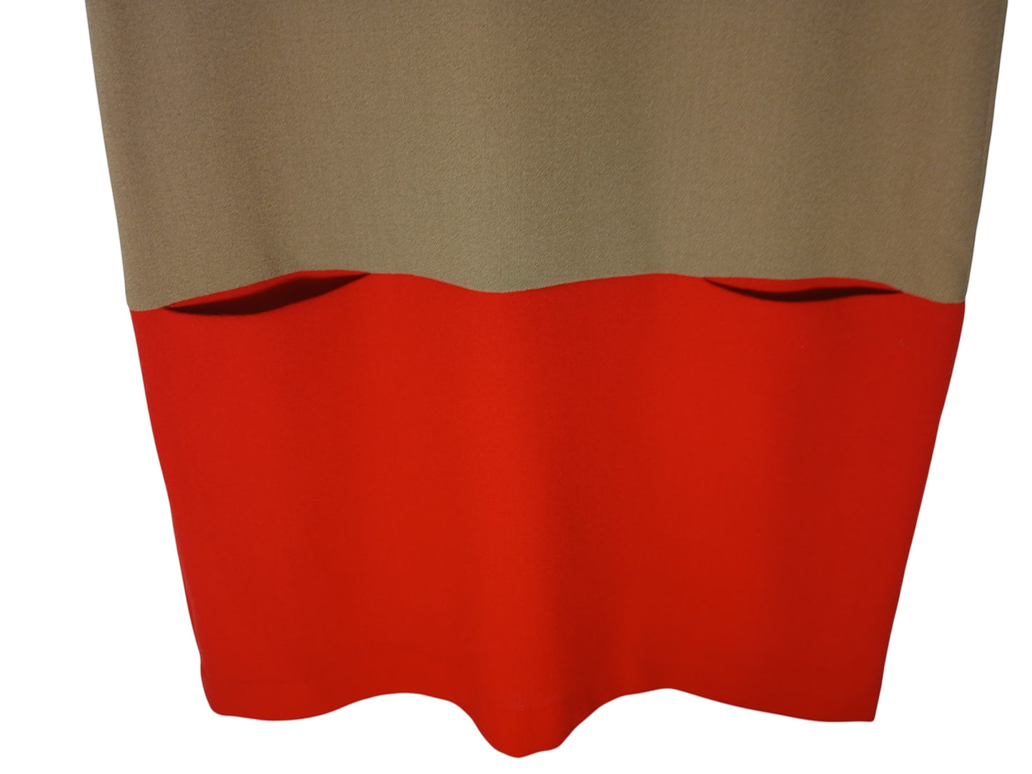 Department Store UK P.A.R.O.S.H. two-tone shift dress featuring a camel top section and a vibrant red hem.