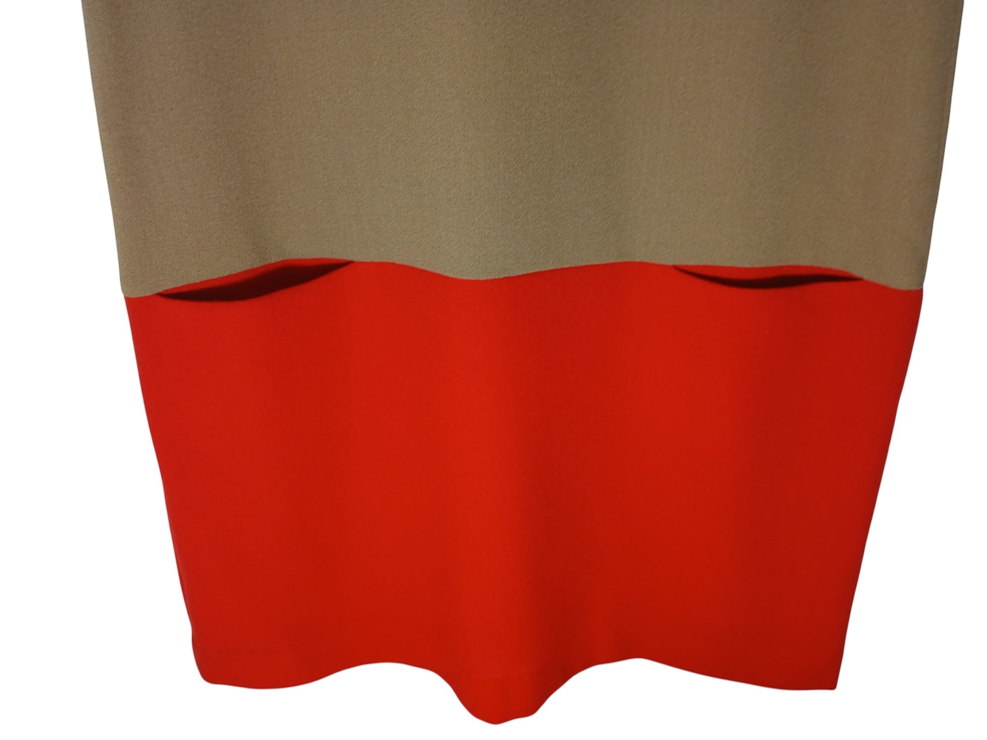 Department Store UK P.A.R.O.S.H. two-tone shift dress featuring a camel top section and a vibrant red hem.