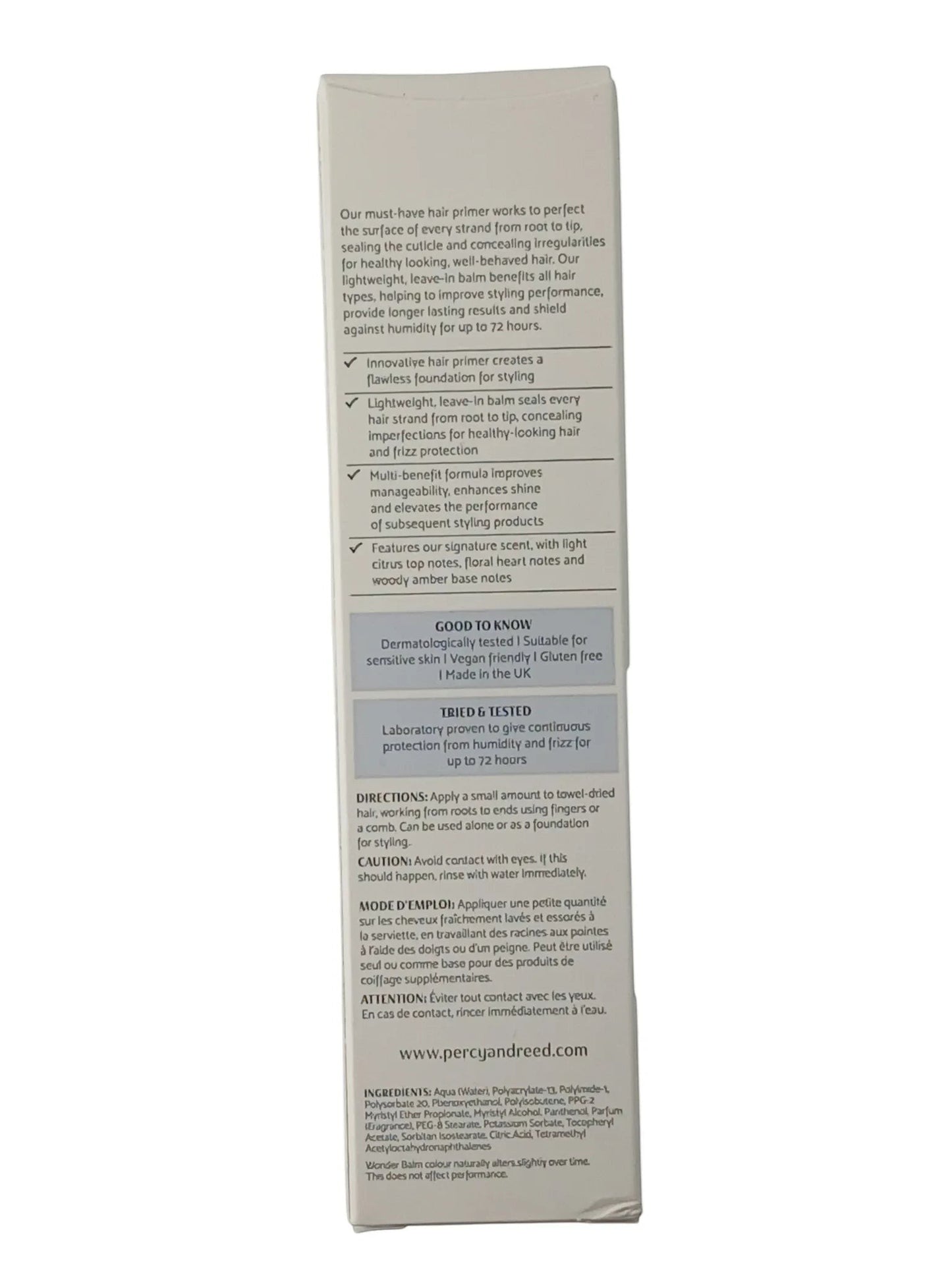 Department Store UK Percy & Reed Wonder Balm Hair Primer packaging back view with product benefits and instructions