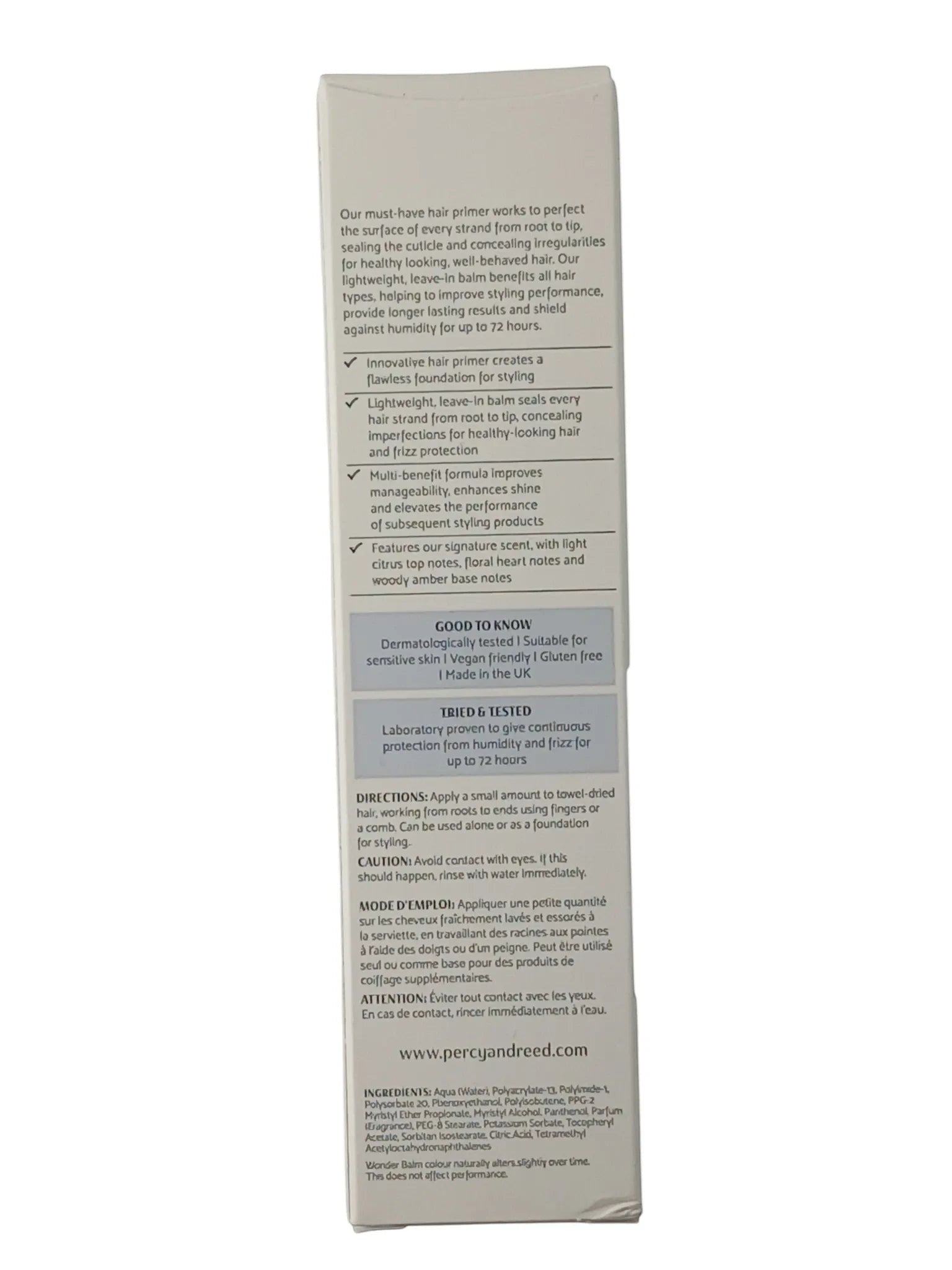 Department Store UK Percy & Reed Wonder Balm Hair Primer packaging back view with product benefits and instructions