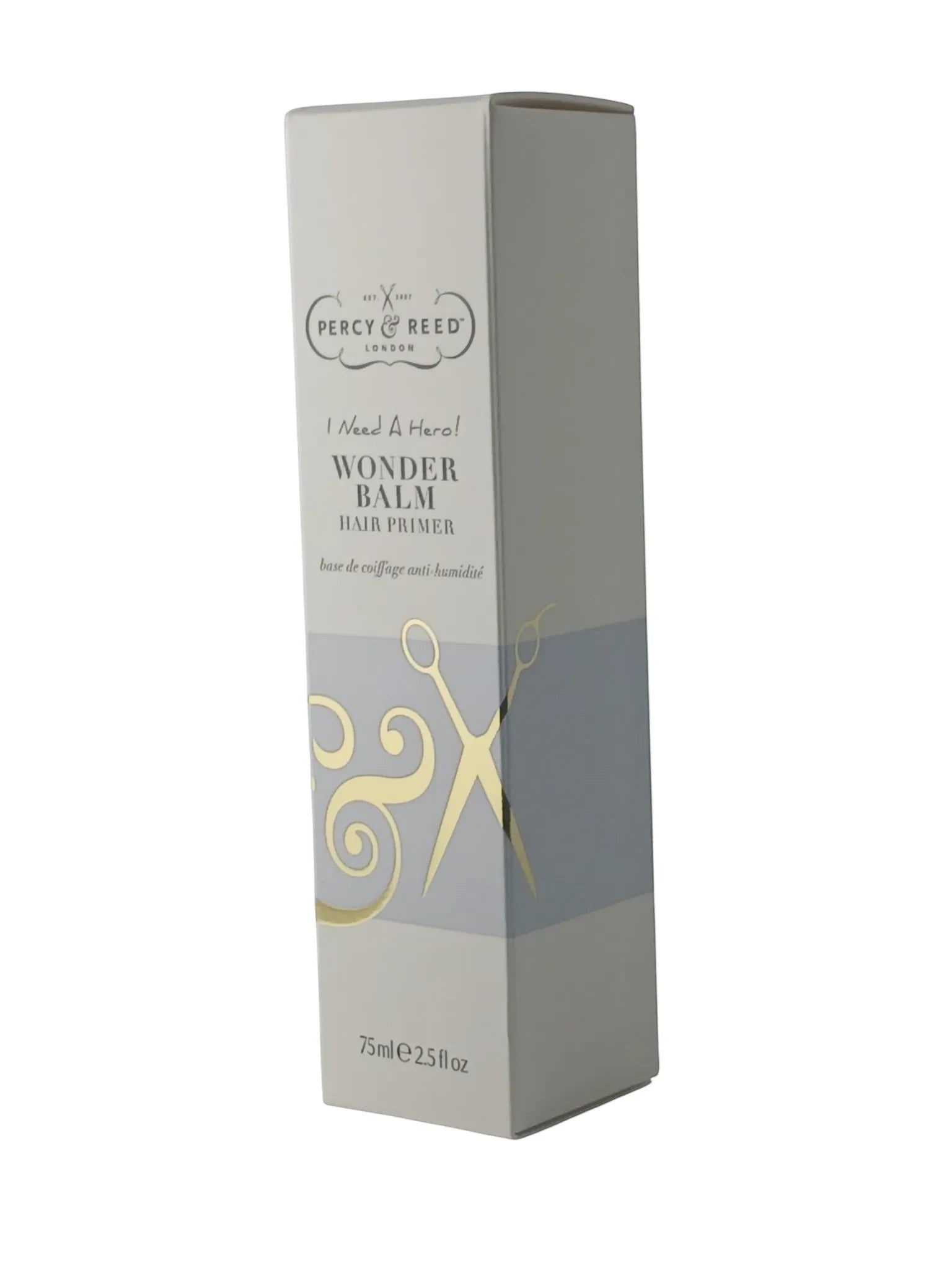 Department Store UK Percy & Reed Wonder Balm hair primer in a white and grey box with gold scissor illustration.