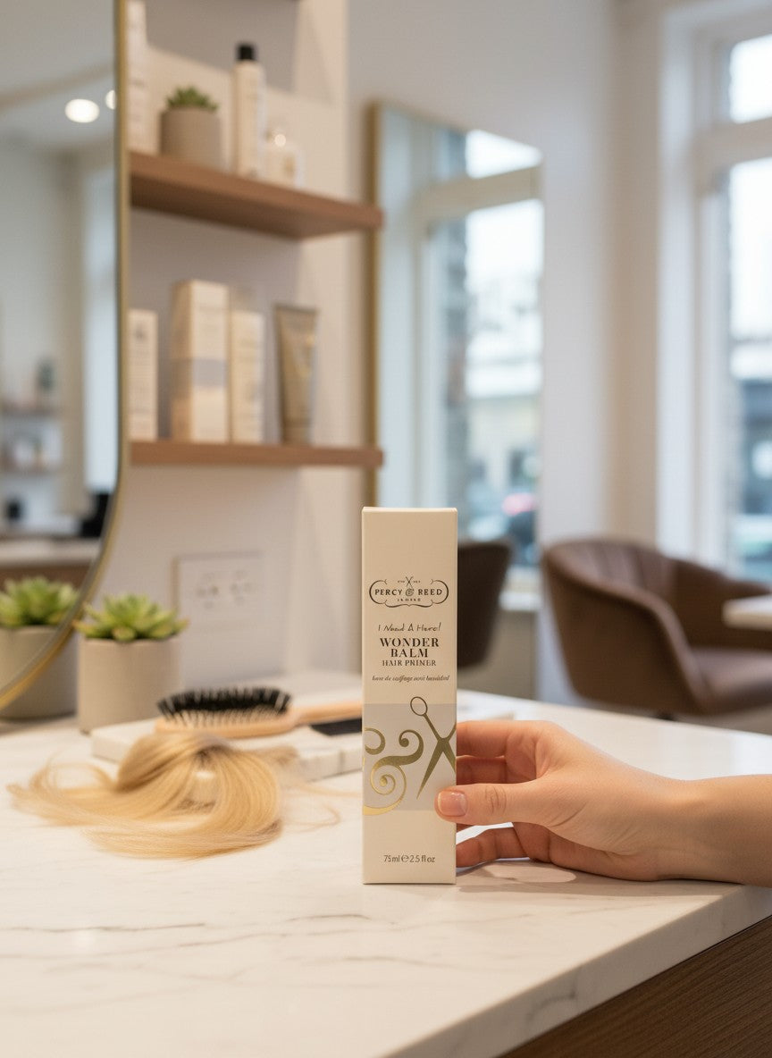 Department Store UK Percy & Reed Wonder Balm hair primer tube held in a salon setting with hair accessories.