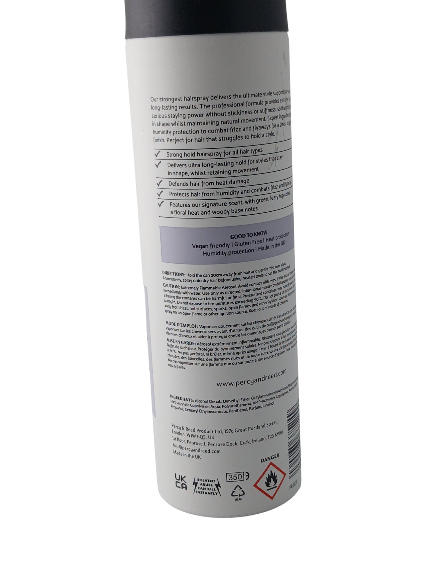 Department Store UK Percy & Reed Season Styling hair spray bottle back label with product benefits and instructions