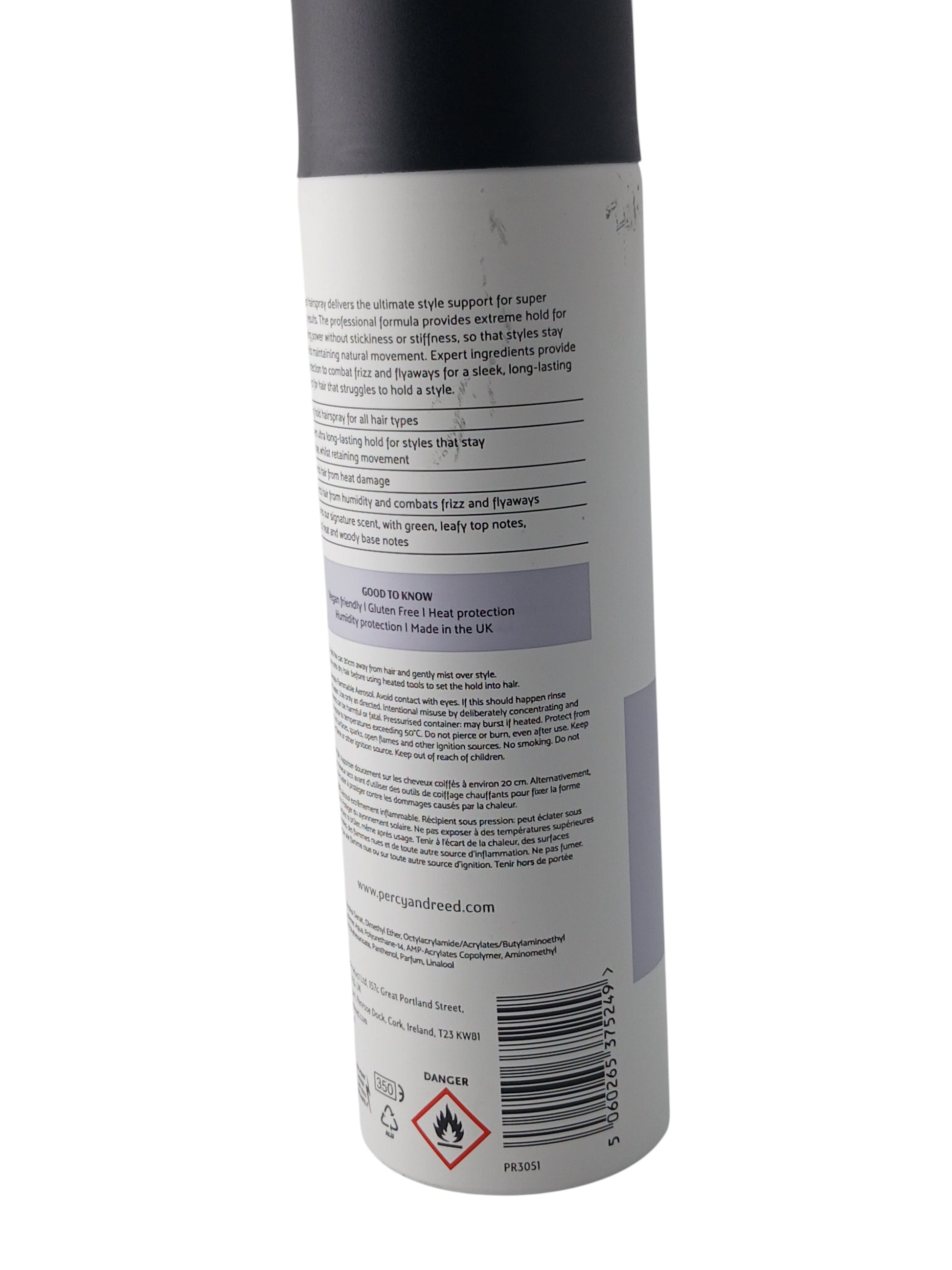Department Store UK Percy & Reed Season Styling Hair Spray aerosol can back label with product information
