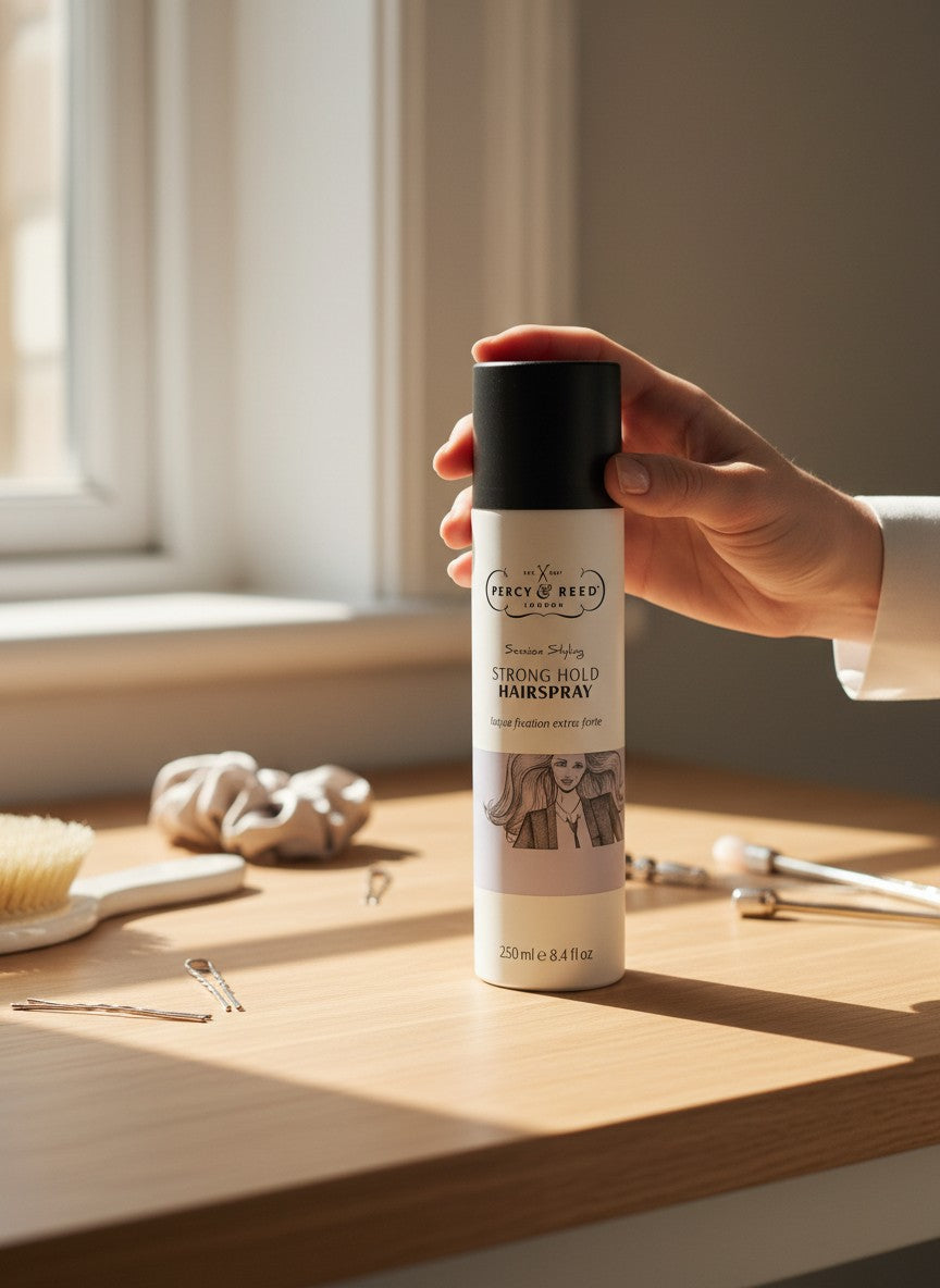 Department Store UK Percy & Reed London Session Styling Strong Hold Hairspray held in hand on a wooden vanity table.