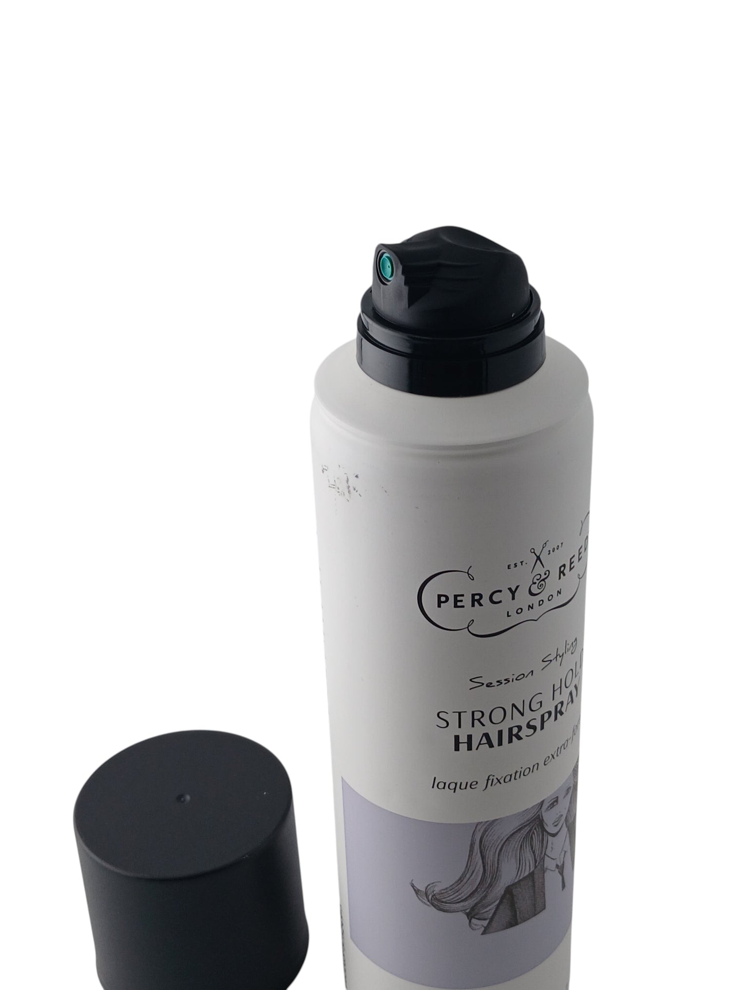 Department Store UK Percy & Reed Session Styling Strong Hold Hairspray in a white aerosol bottle with a black cap.