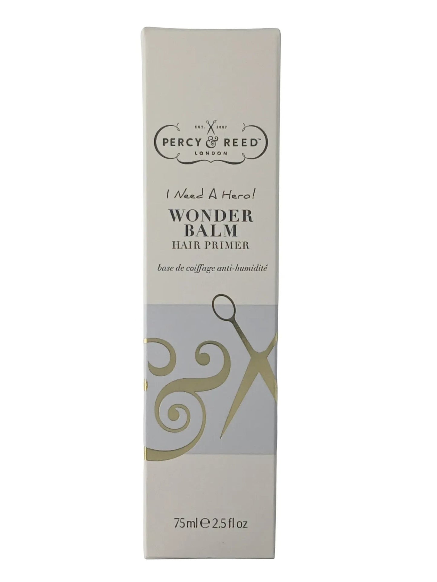 Department Store UK Percy & Reed Wonder Balm hair primer tube in cream packaging with gold scissor and swirl design.