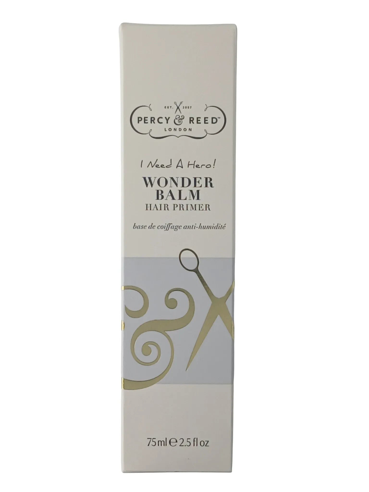 Department Store UK Percy & Reed Wonder Balm hair primer tube in cream packaging with gold scissor and swirl design.