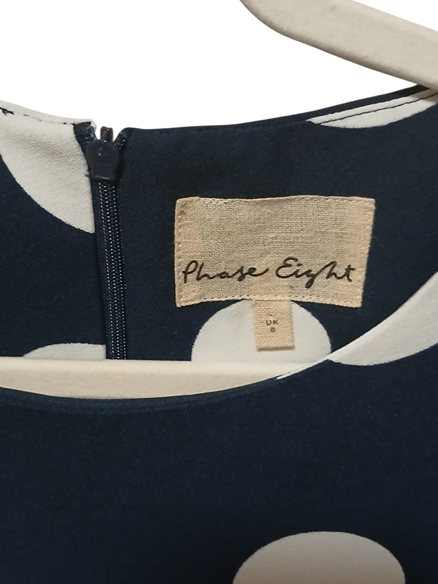 Department Store UK Phase Eight navy blue shift dress with white polka dots and interior brand label
