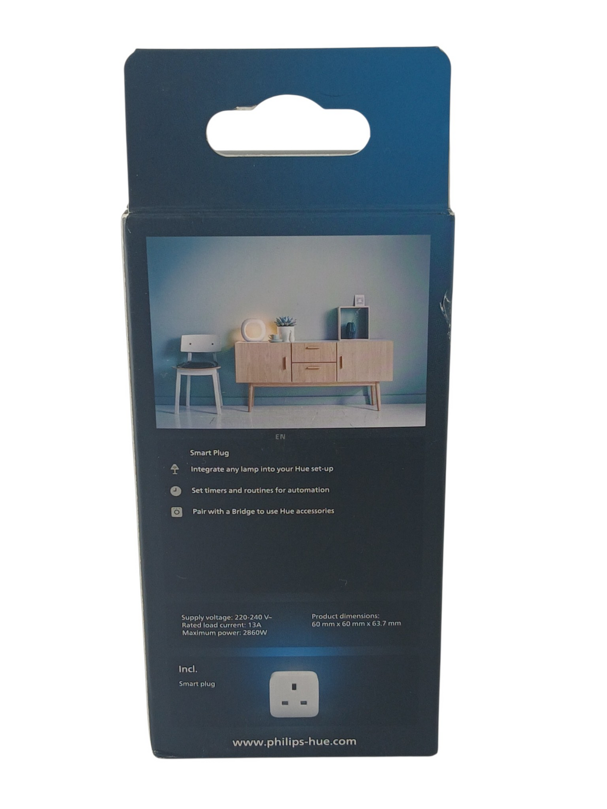 Department Store UK Philips Hue Smart Plug packaging showing product features and technical specifications