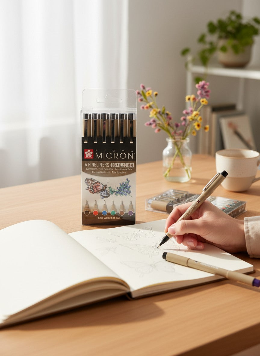 Department Store UK Pigma Micron fineliner pens set of 6 archival ink markers for drawing on a wooden desk
