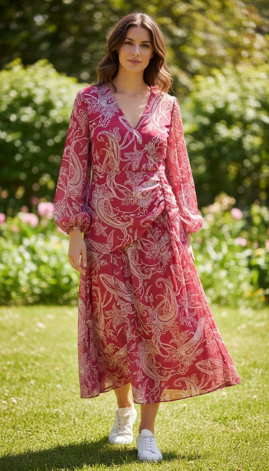Department Store UK Sosandar pink paisley wrap maxi dress with long sleeves and side ruching worn with white trainers