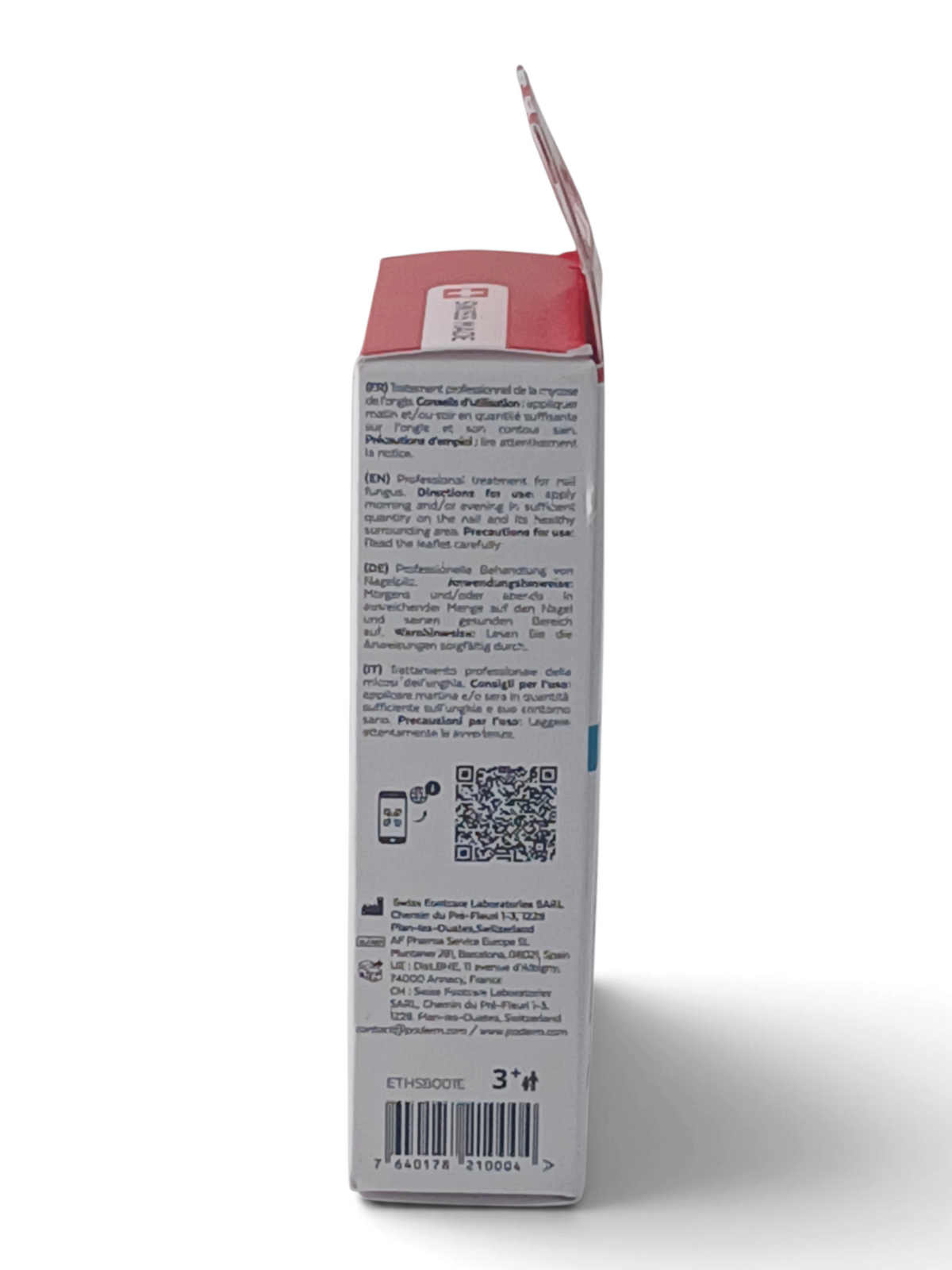 Side view of Department Store UK PODERM Professional Fungal Nails Serum box showing multilingual usage instructions