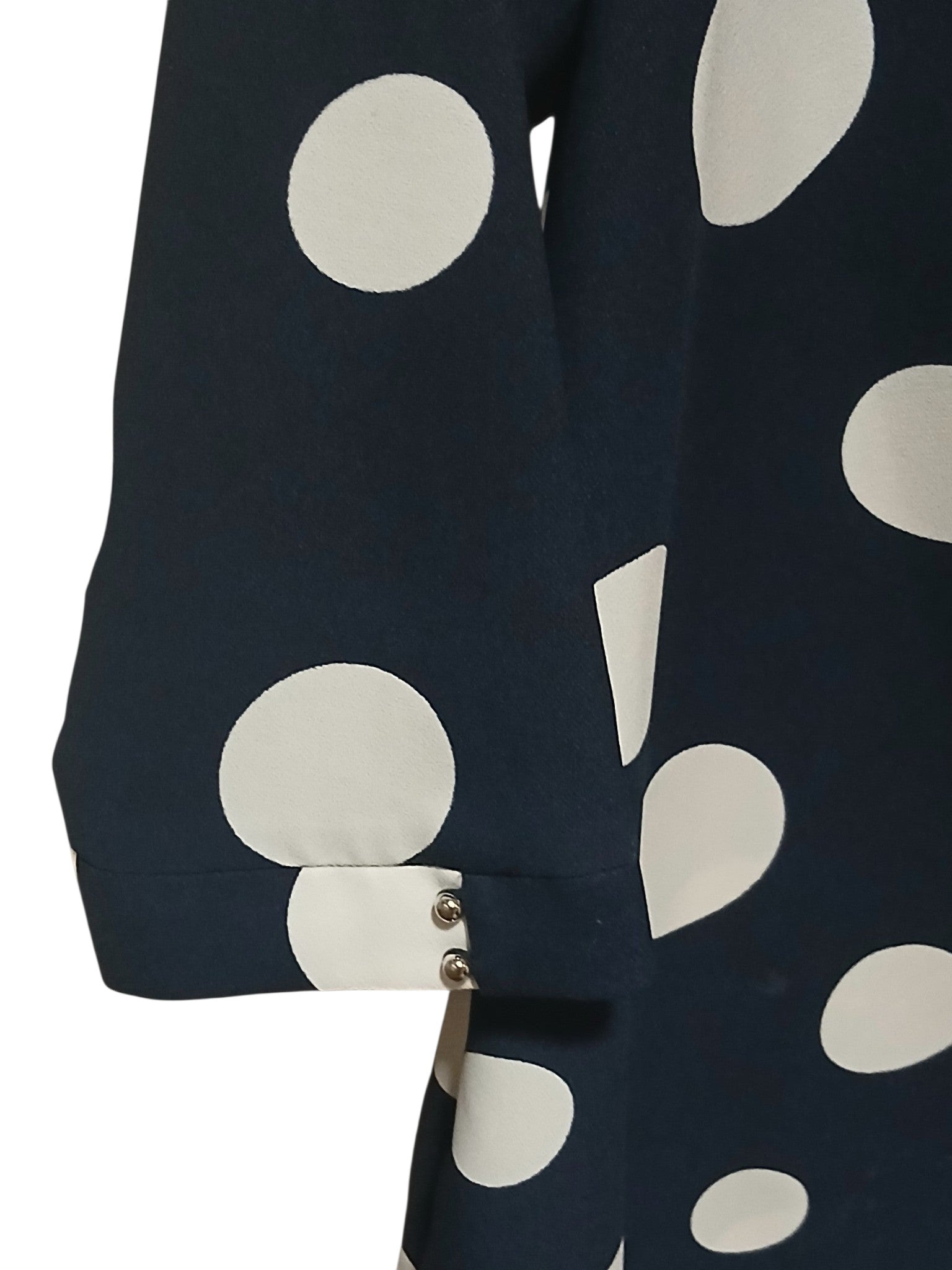 Department Store UK Phase Eight navy blue shift dress sleeve with white polka dots and metallic button cuff detail