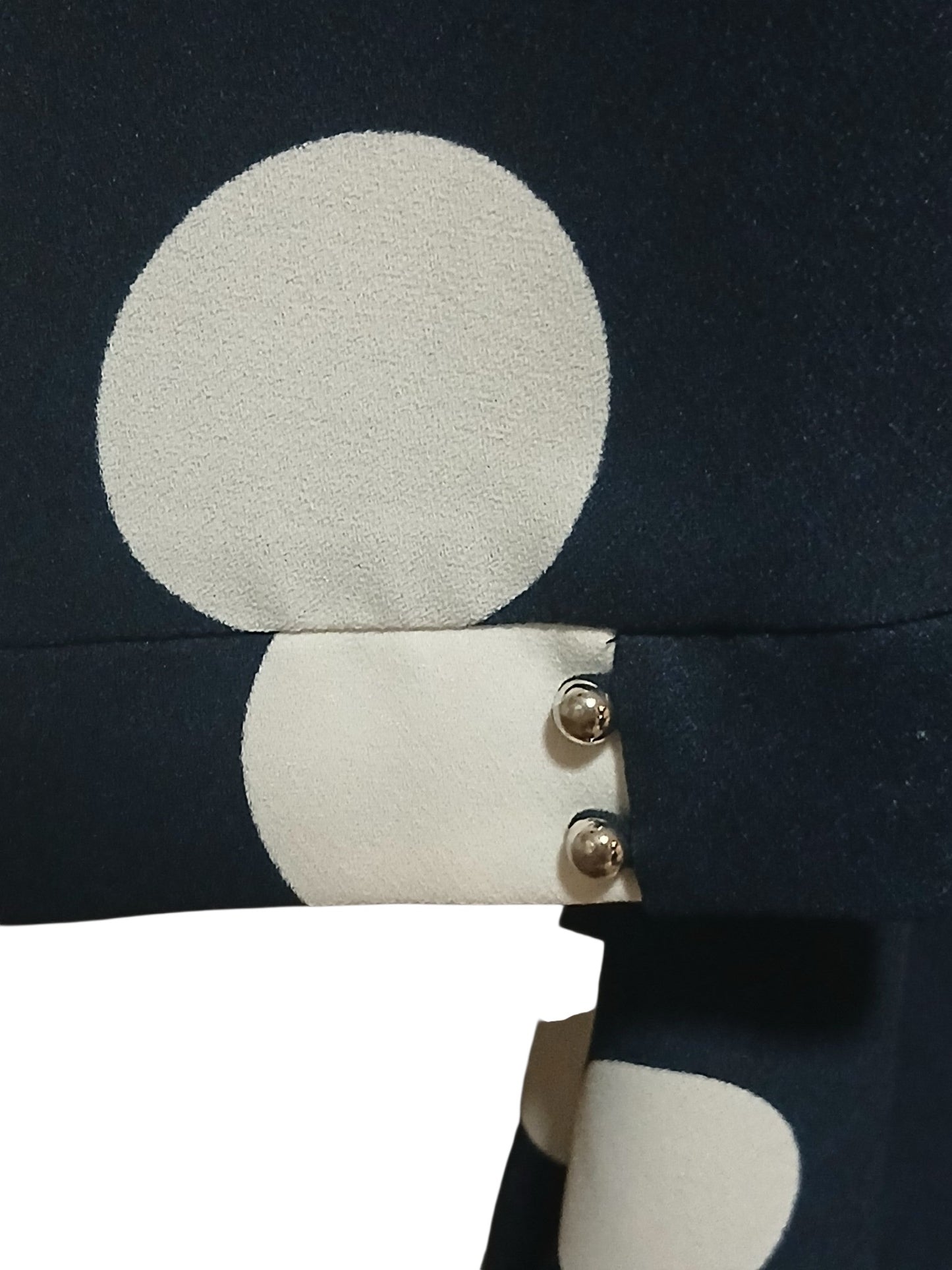 Department Store UK Phase Eight navy blue shift dress sleeve cuff with white polka dot print and metallic buttons
