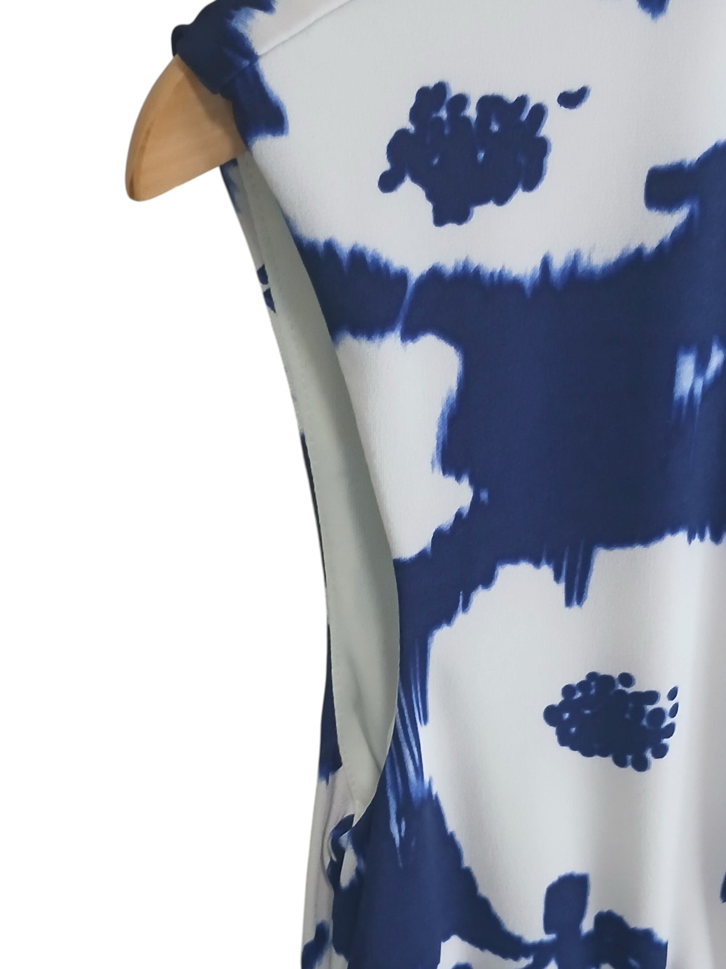 Department Store UK pre-loved Precis Petite dress featuring a blue and white abstract tie-dye print on a sleeveless cut.