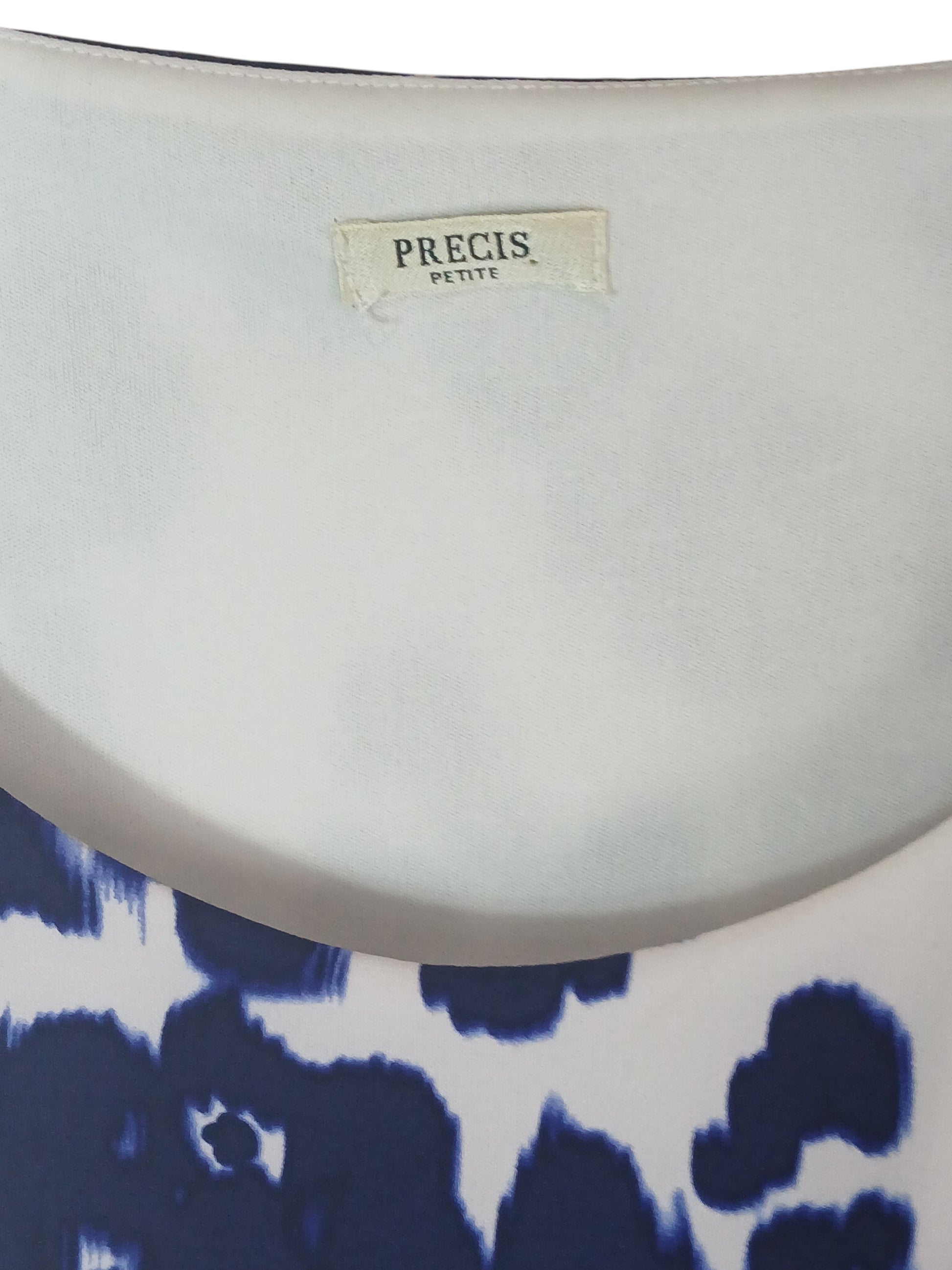 Department Store UK pre-loved Precis Petite dress featuring a white neckline and blue abstract print pattern