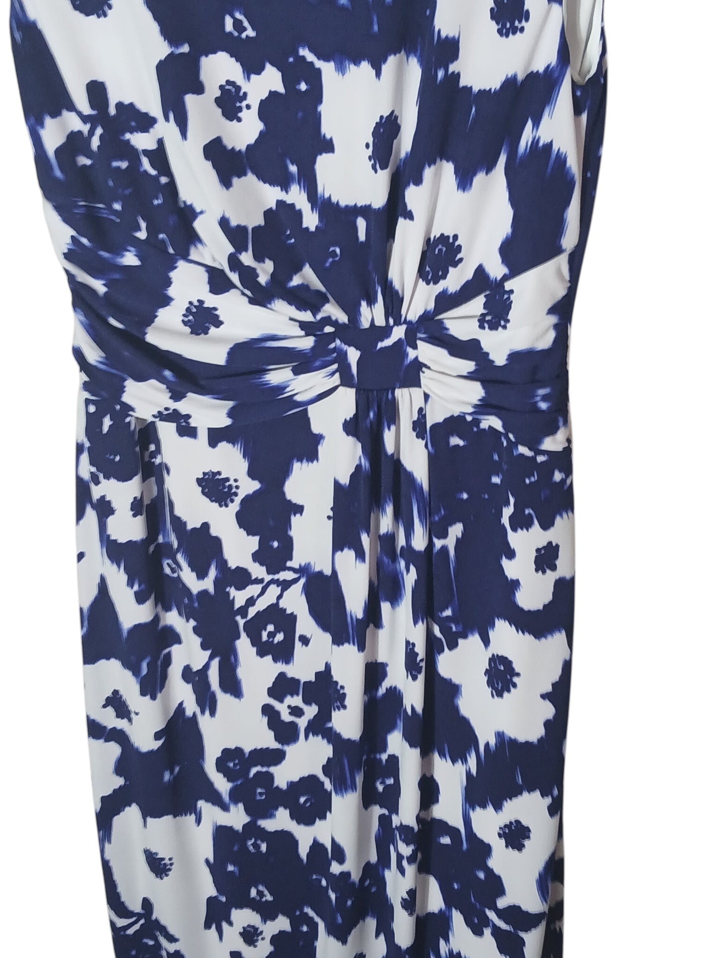 Department Store UK pre-loved Precis Petite sleeveless dress featuring a blue and white abstract floral print