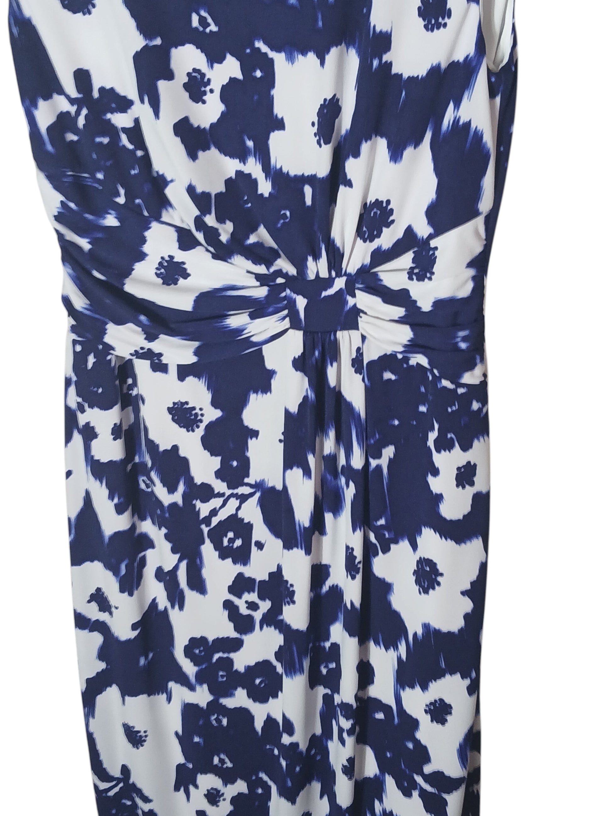 Department Store UK pre-loved Precis Petite sleeveless dress featuring a blue and white abstract floral print