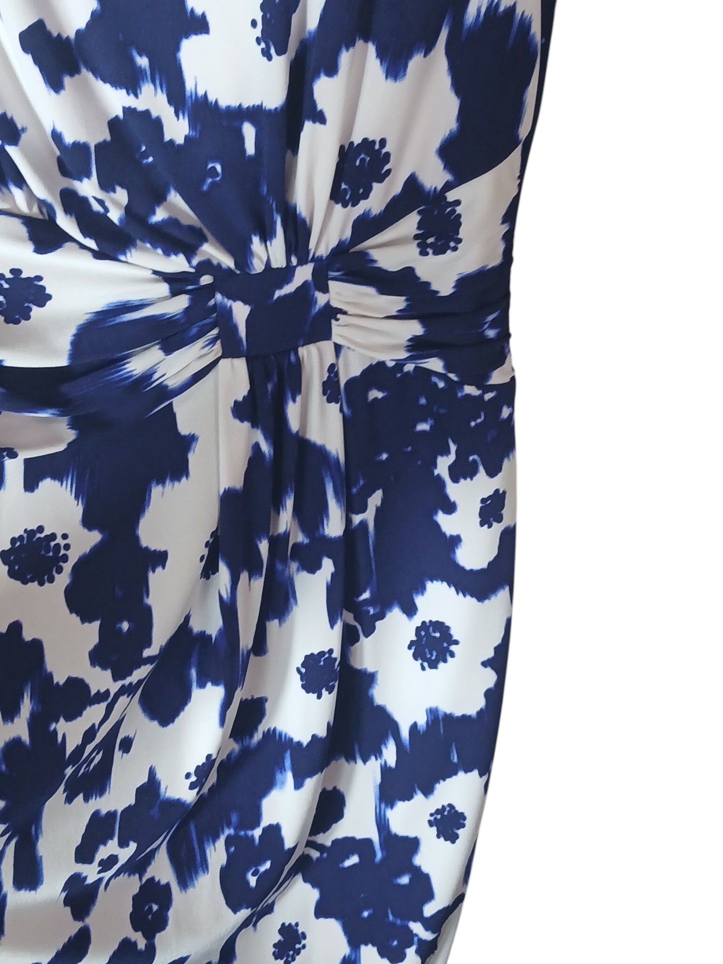 Department Store UK Precis Petite dress featuring a blue and white abstract floral print with a gathered waist detail.