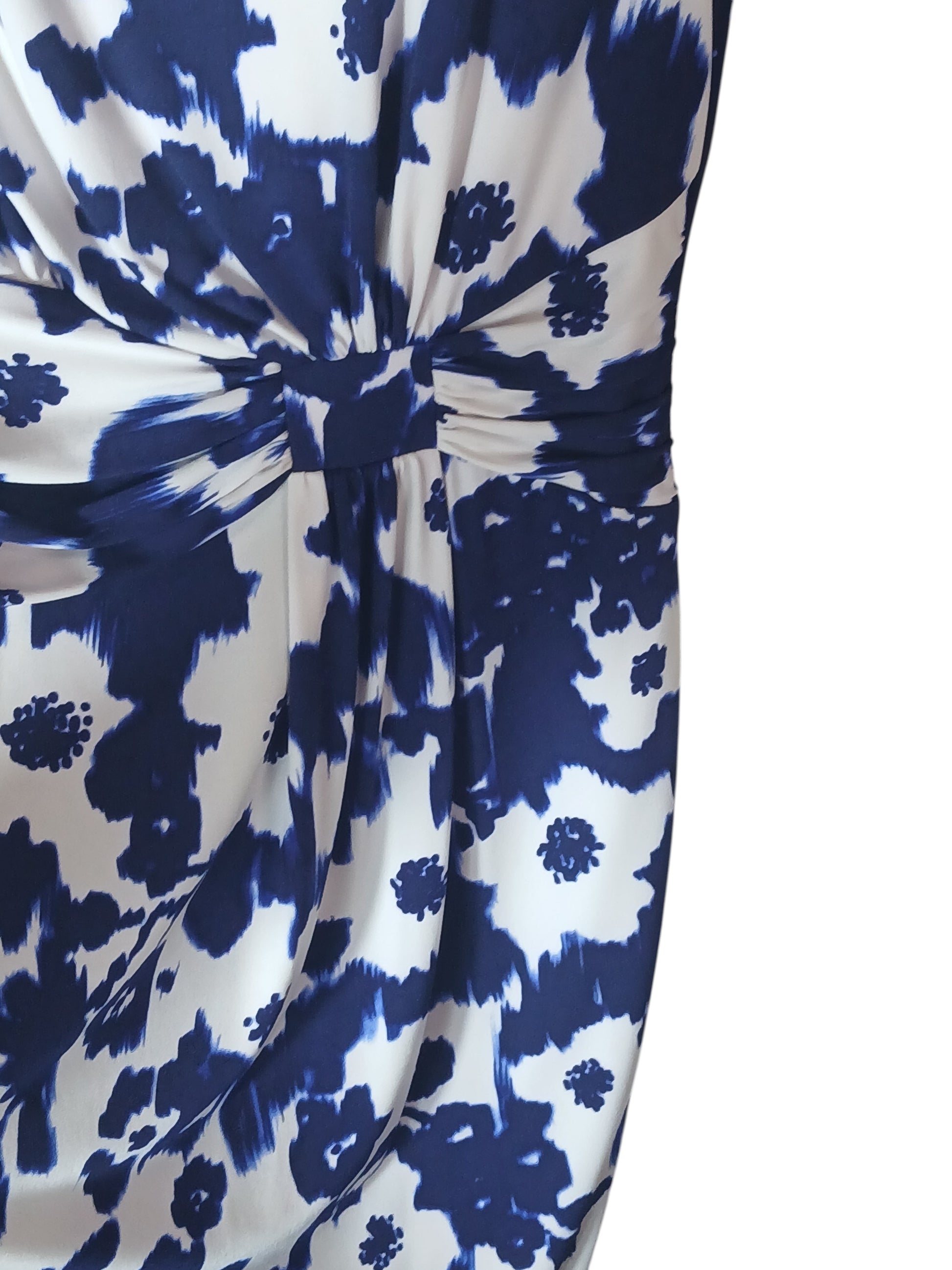Department Store UK Precis Petite dress featuring a blue and white abstract floral print with a gathered waist detail.
