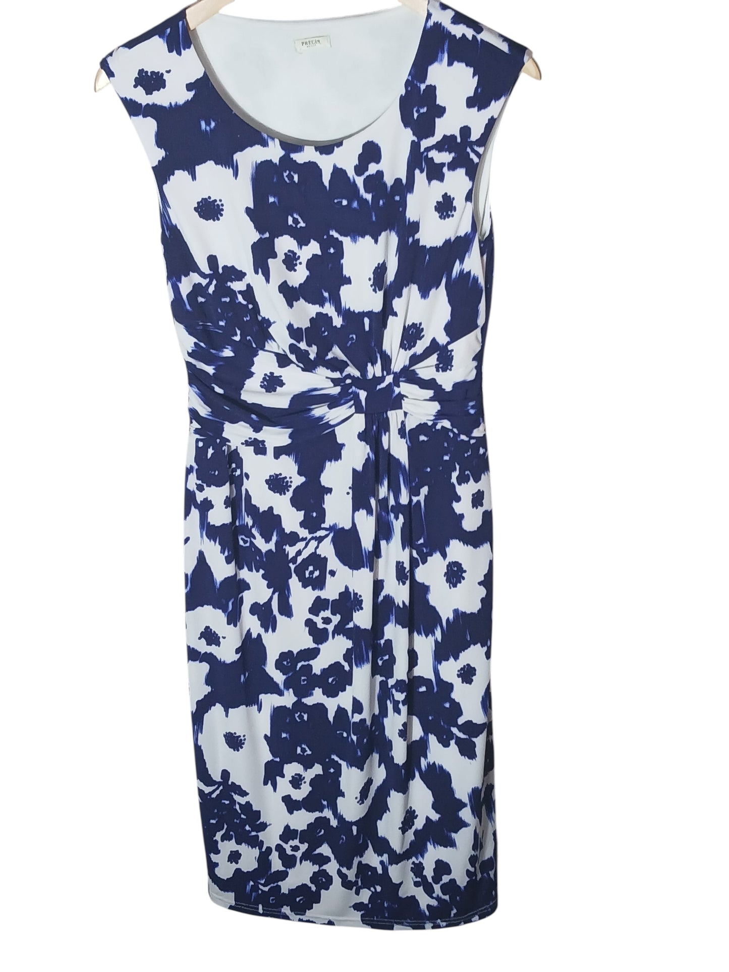 Department Store UK pre-loved Precis Petite sleeveless dress in white with a blue floral print and waist knot detail