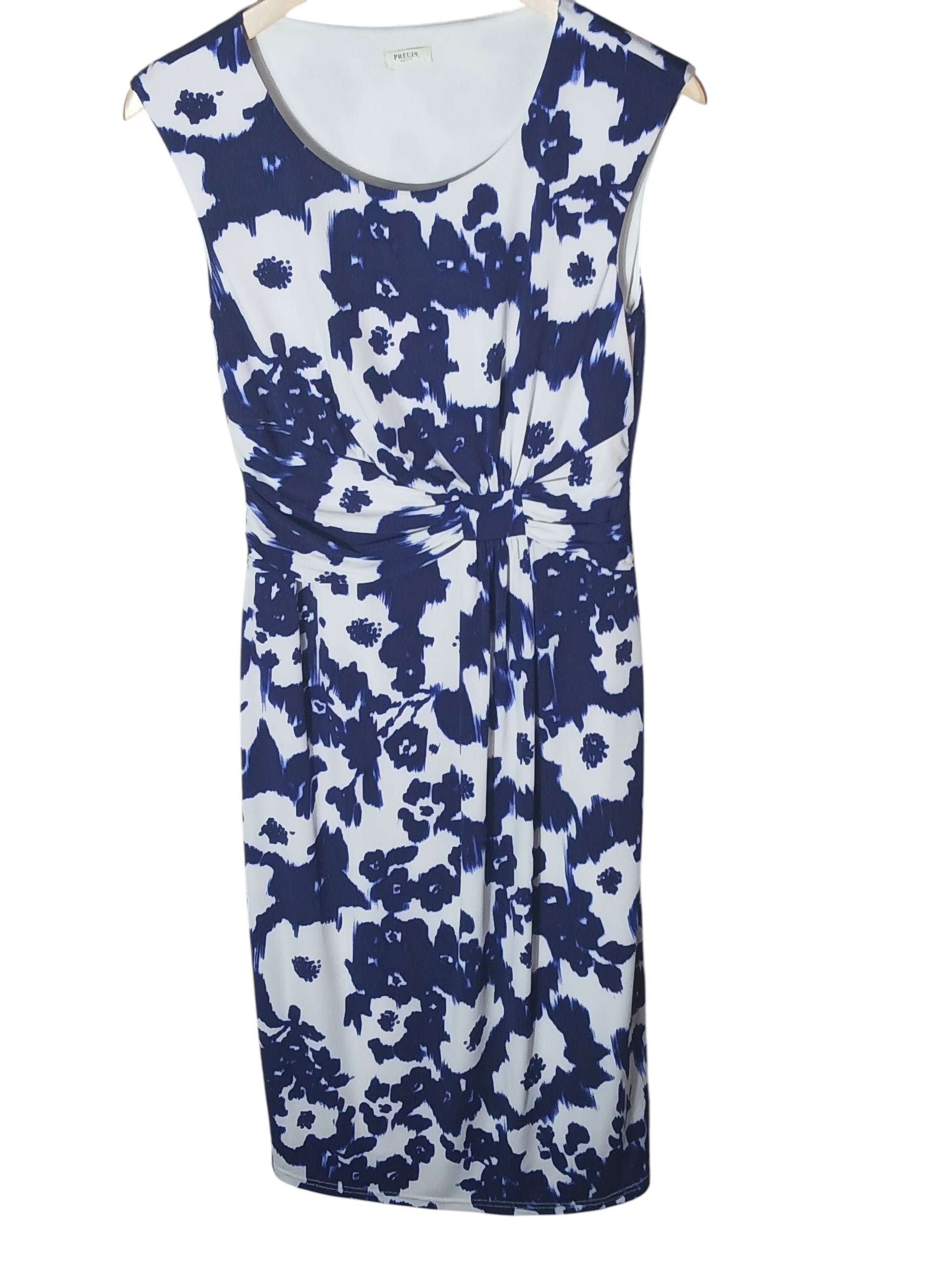 Department Store UK pre-loved Precis Petite sleeveless dress in white with a blue floral print and waist knot detail
