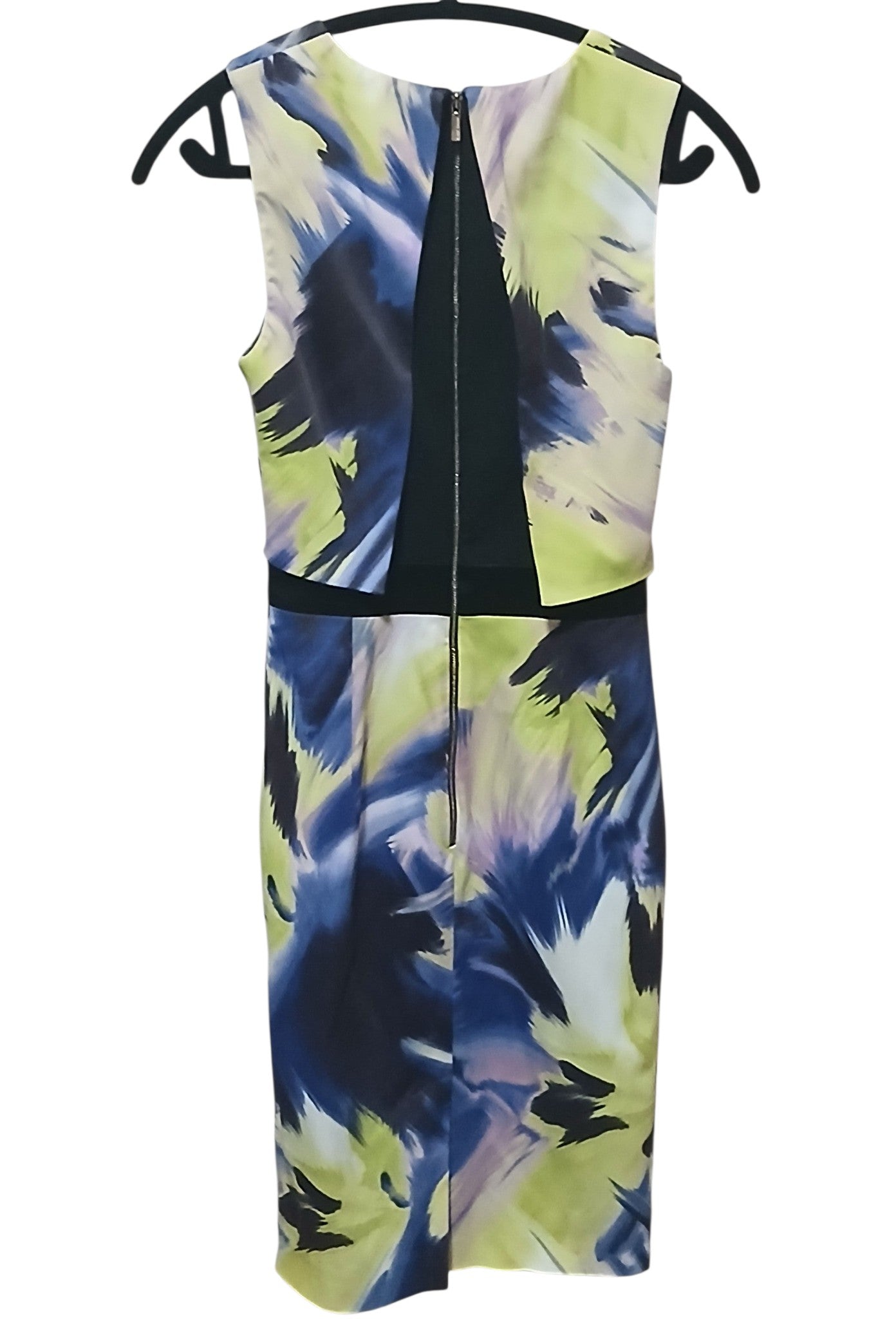 Department Store UK sleeveless pencil dress with abstract lime, navy, and violet print and full-length back zip