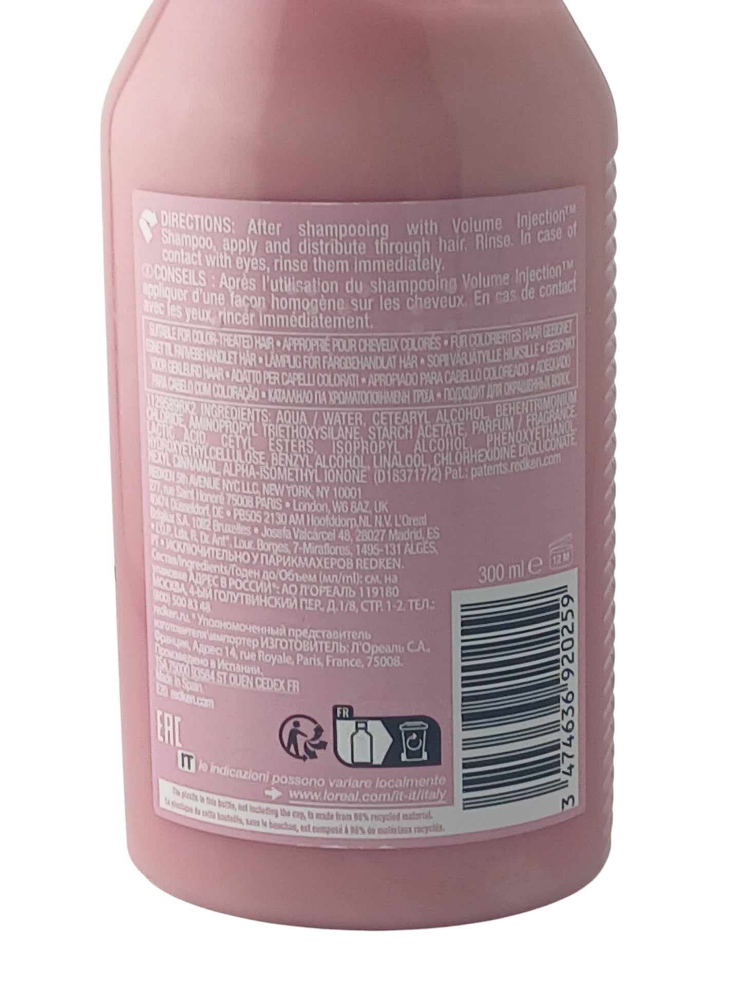 Department Store UK Redken Volume Injection Conditioner bottle back label with ingredients and instructions