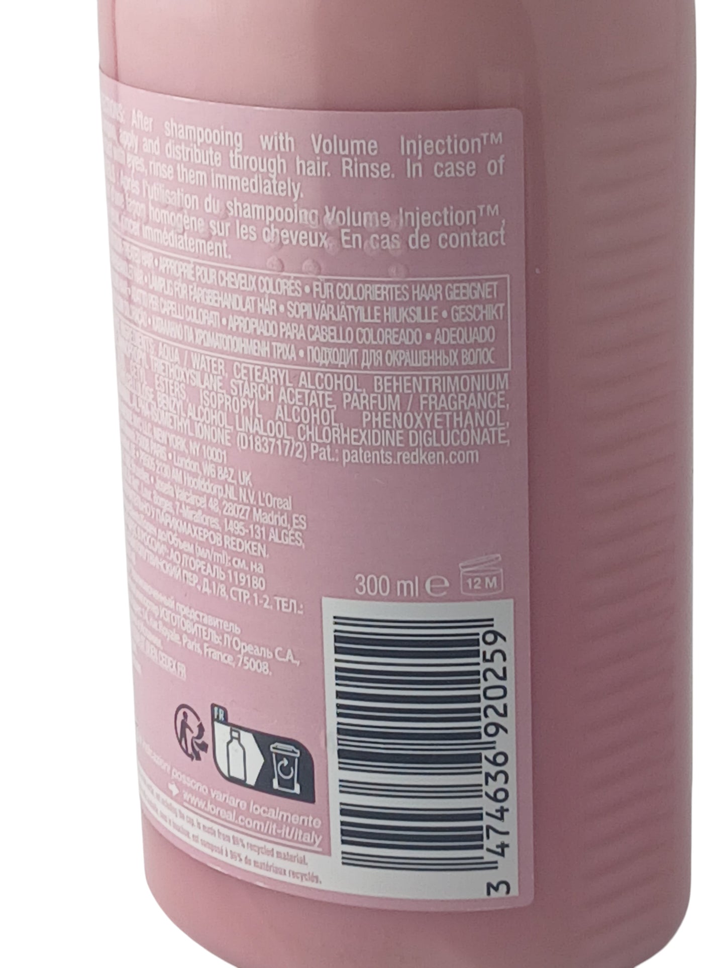 Department Store UK Redken Volume Injection Conditioner 300ml bottle back label with ingredients and barcode