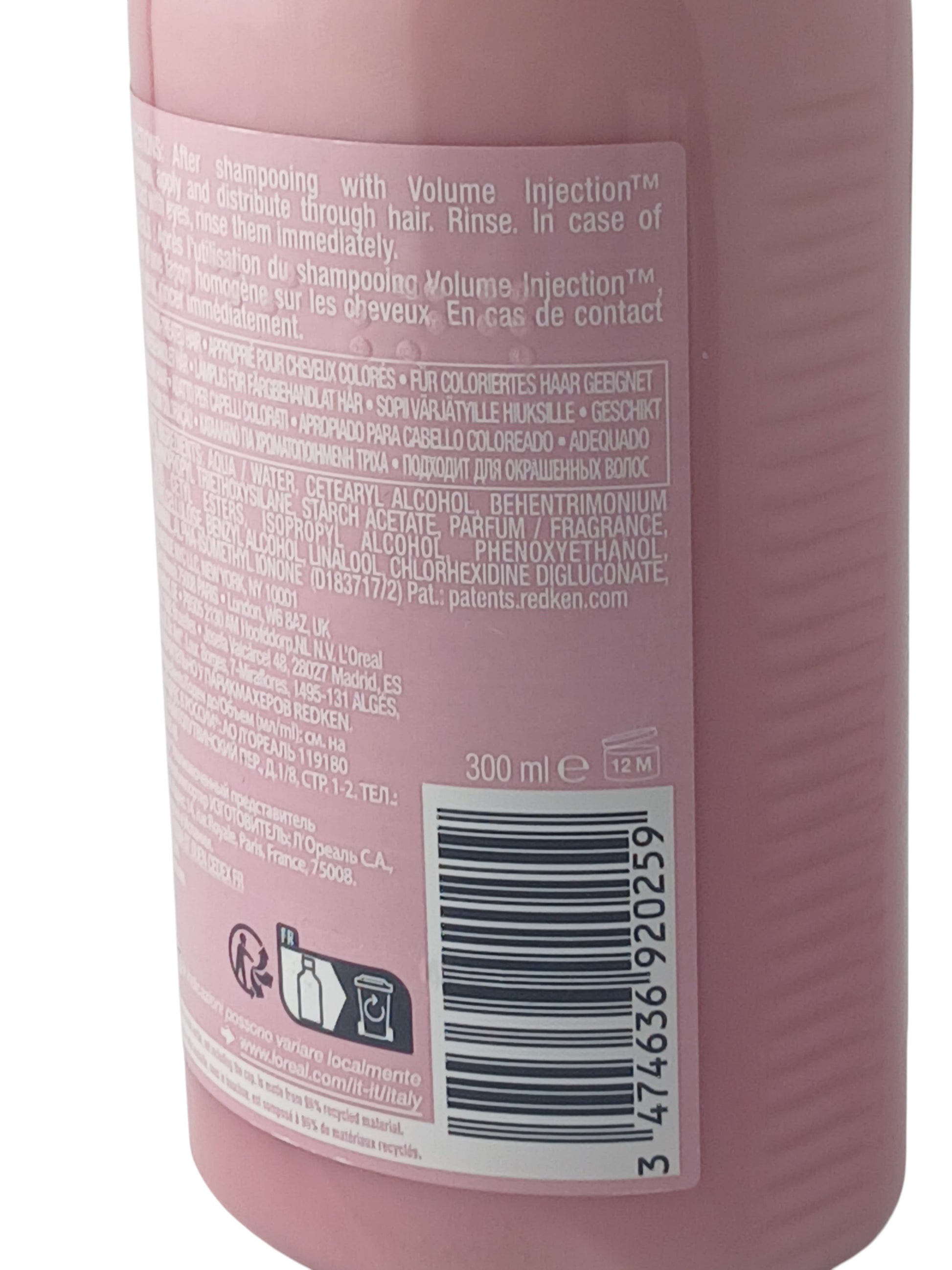 Department Store UK Redken Volume Injection Conditioner 300ml bottle back label with ingredients and barcode
