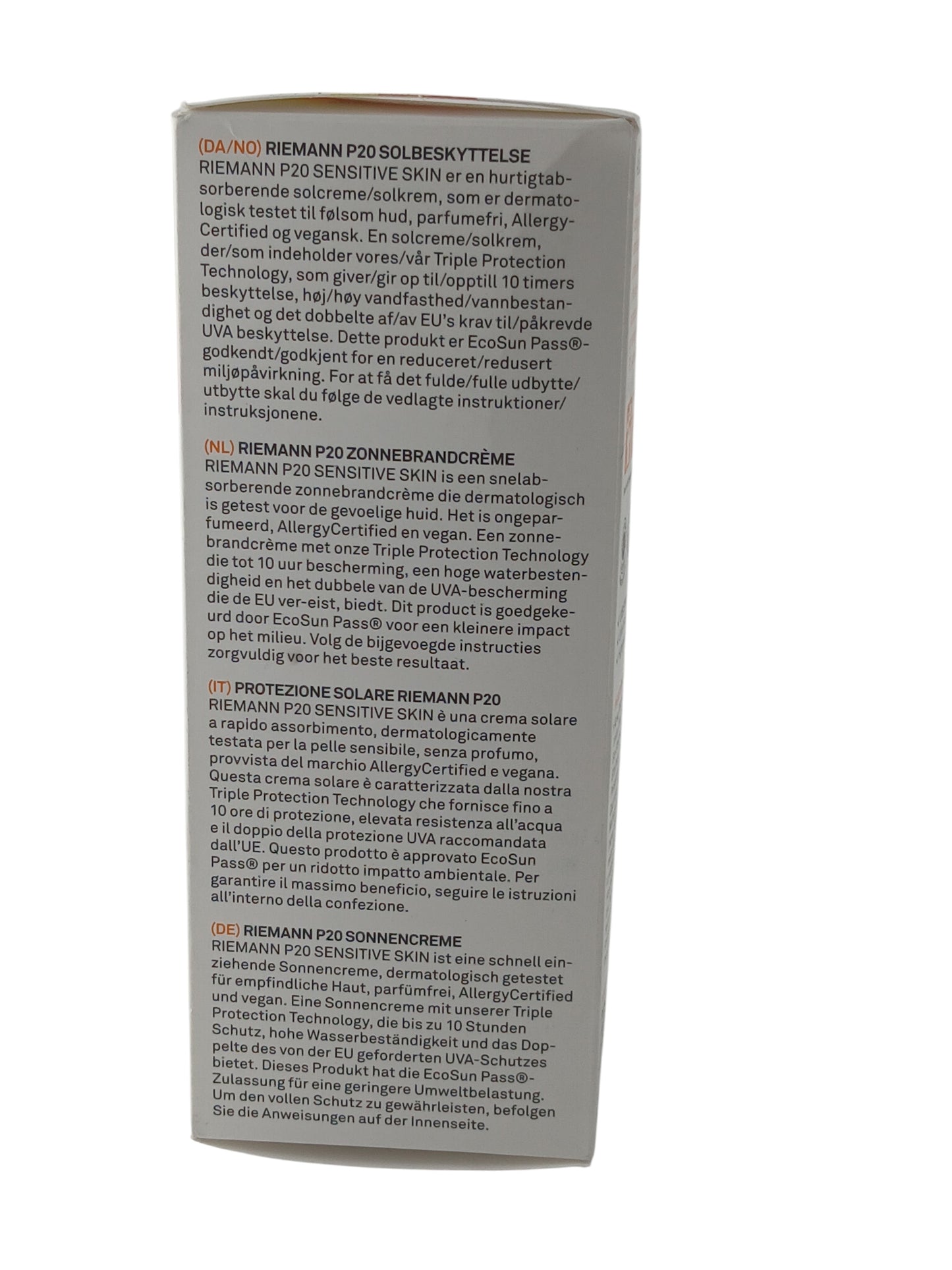 Department Store UK Riemann P20 SPF 30 sensitive skin sunscreen cream packaging back view with product information