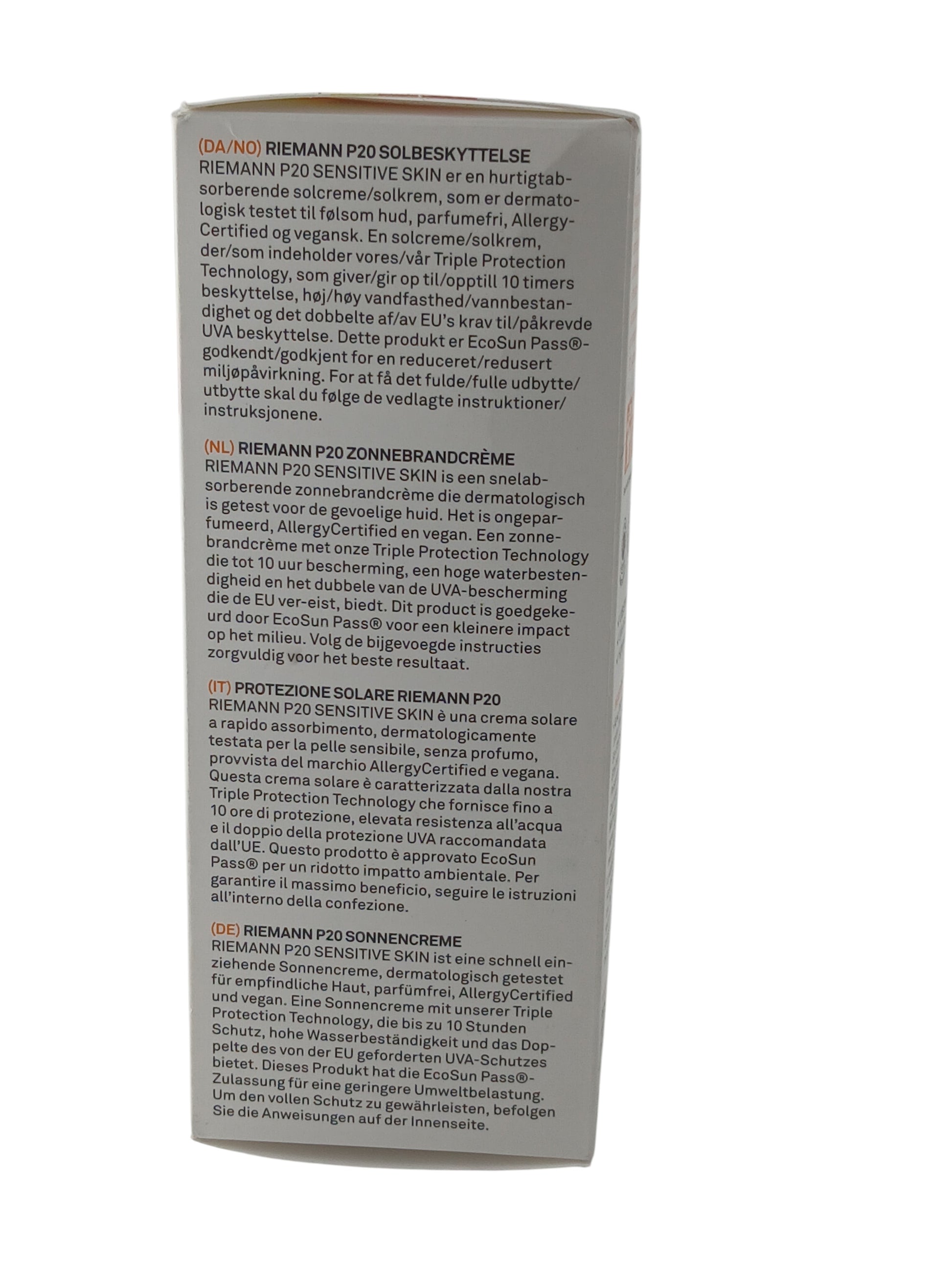 Department Store UK Riemann P20 SPF 30 sensitive skin sunscreen cream packaging back view with product information