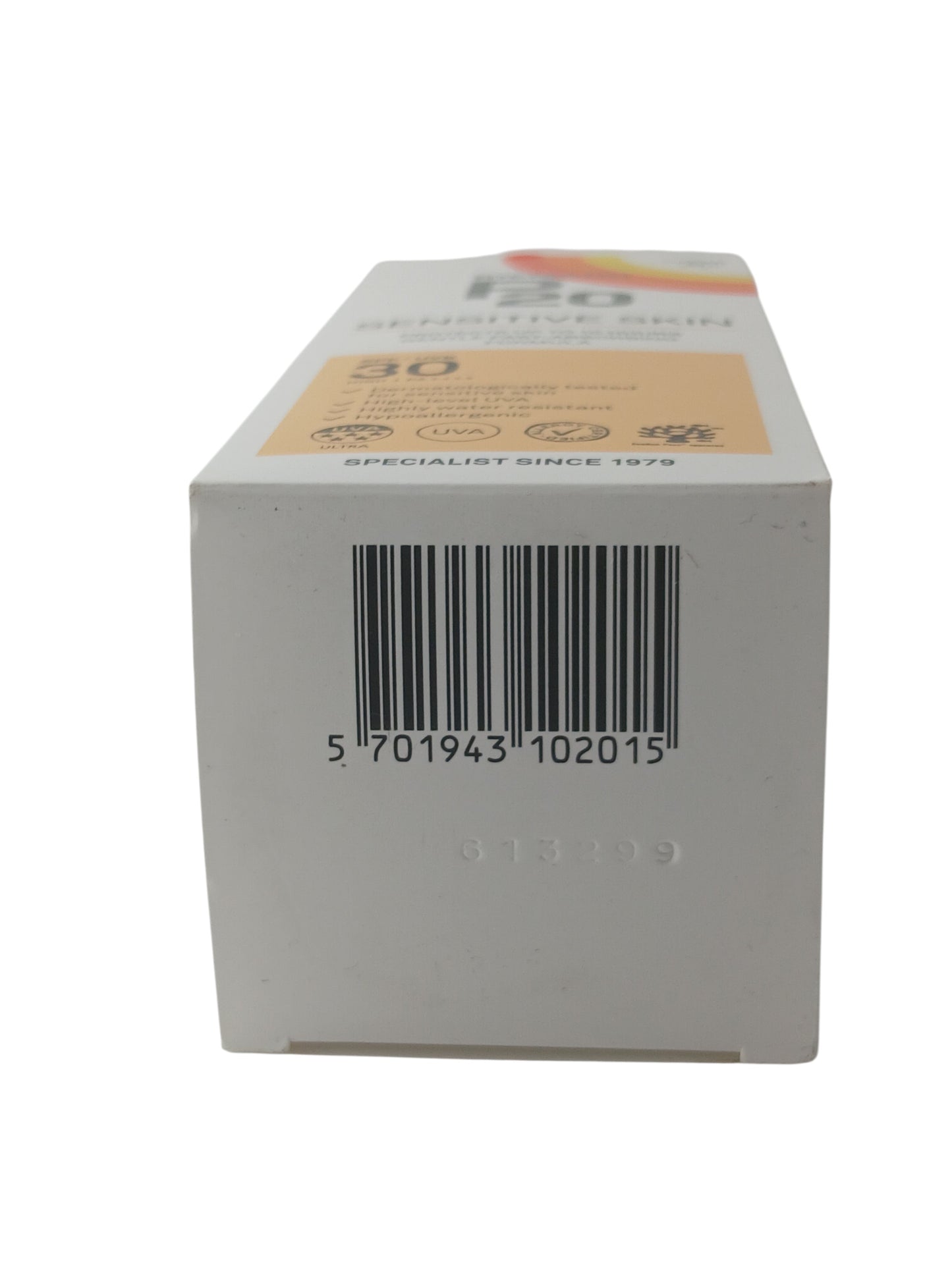 Department Store UK Riemann P20 SPF 30 Sensitive Skin Sunscreen packaging base with barcode
