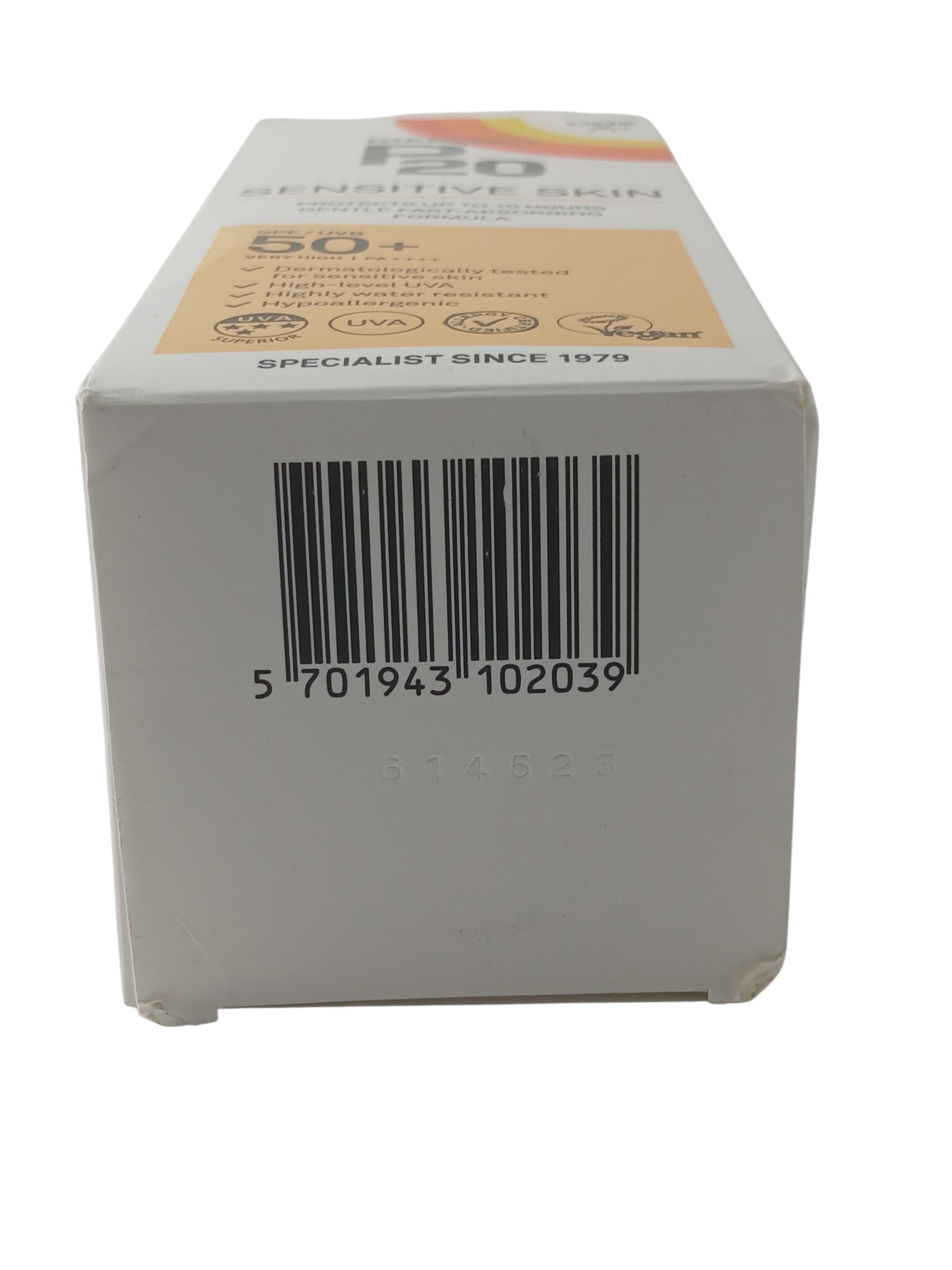 Department Store UK Riemann P20 SPF 50+ sunscreen box base showing barcode and product information