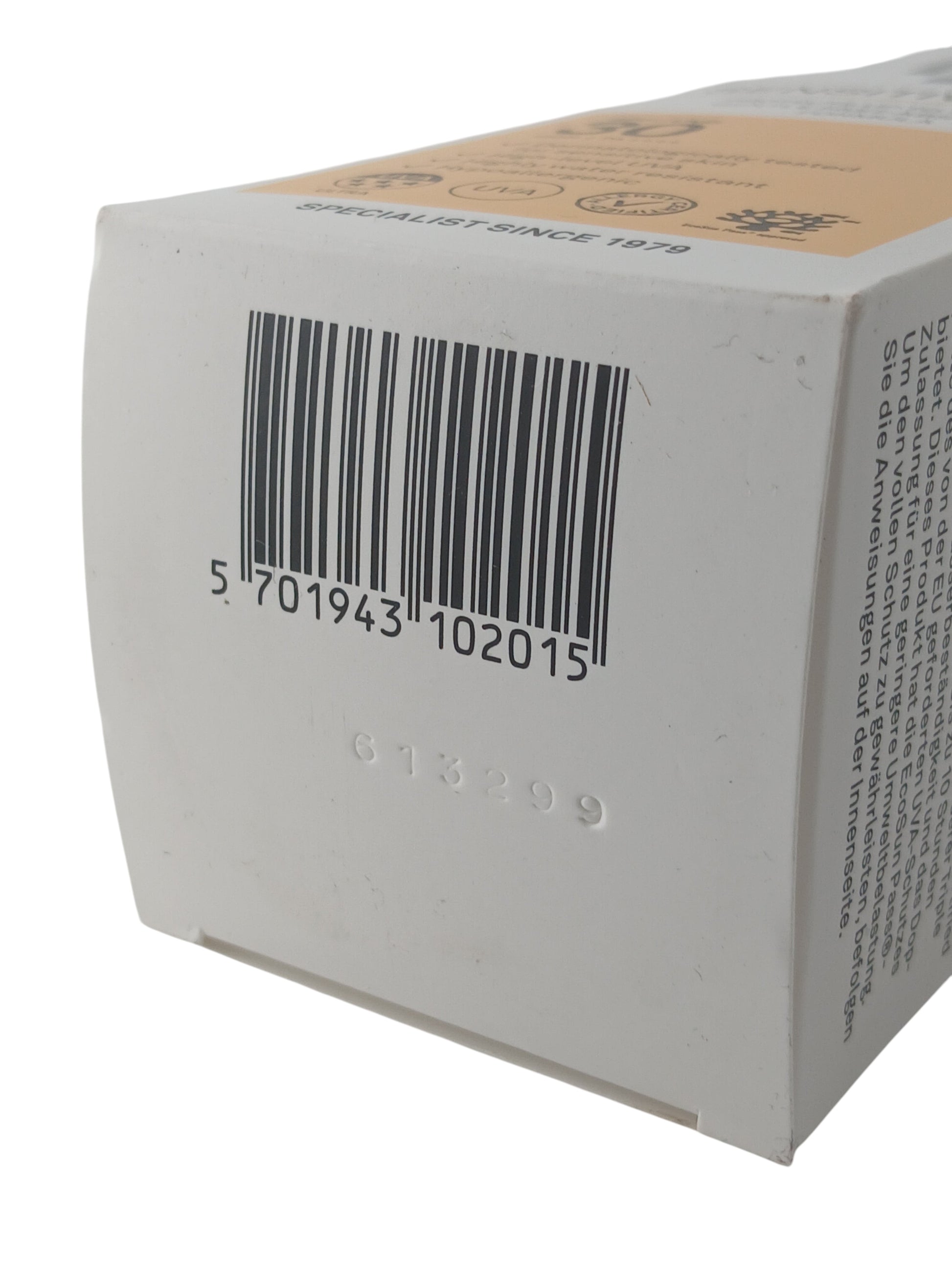 Department Store UK Riemann P20 SPF 30 sensitive skin sunscreen packaging showing barcode and product details