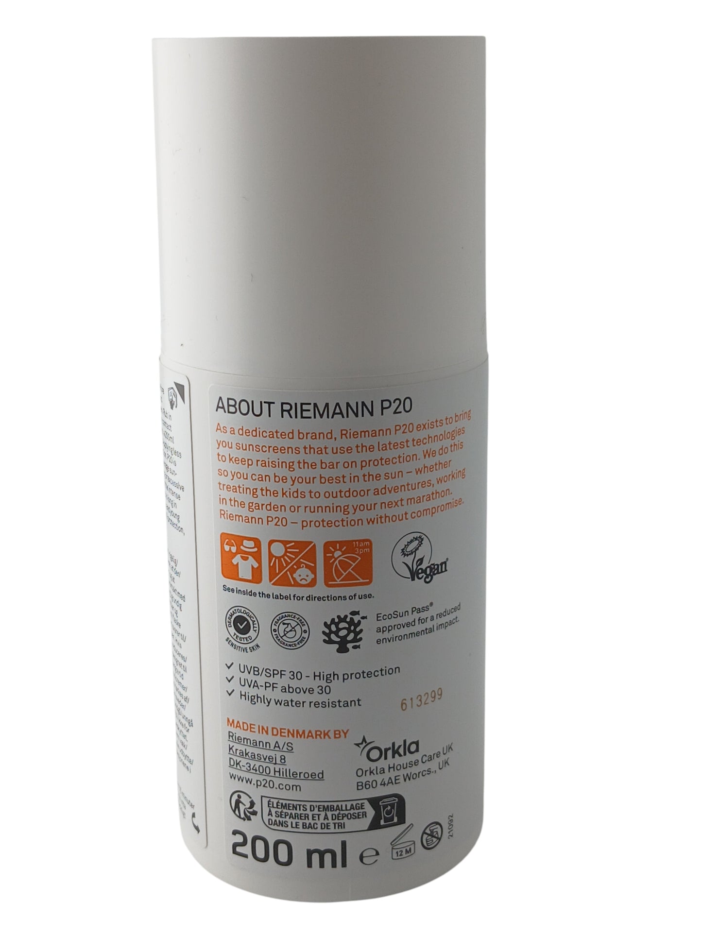 Department Store UK Riemann P20 SPF 30 sensitive skin sunscreen cream 200ml bottle back view with product information