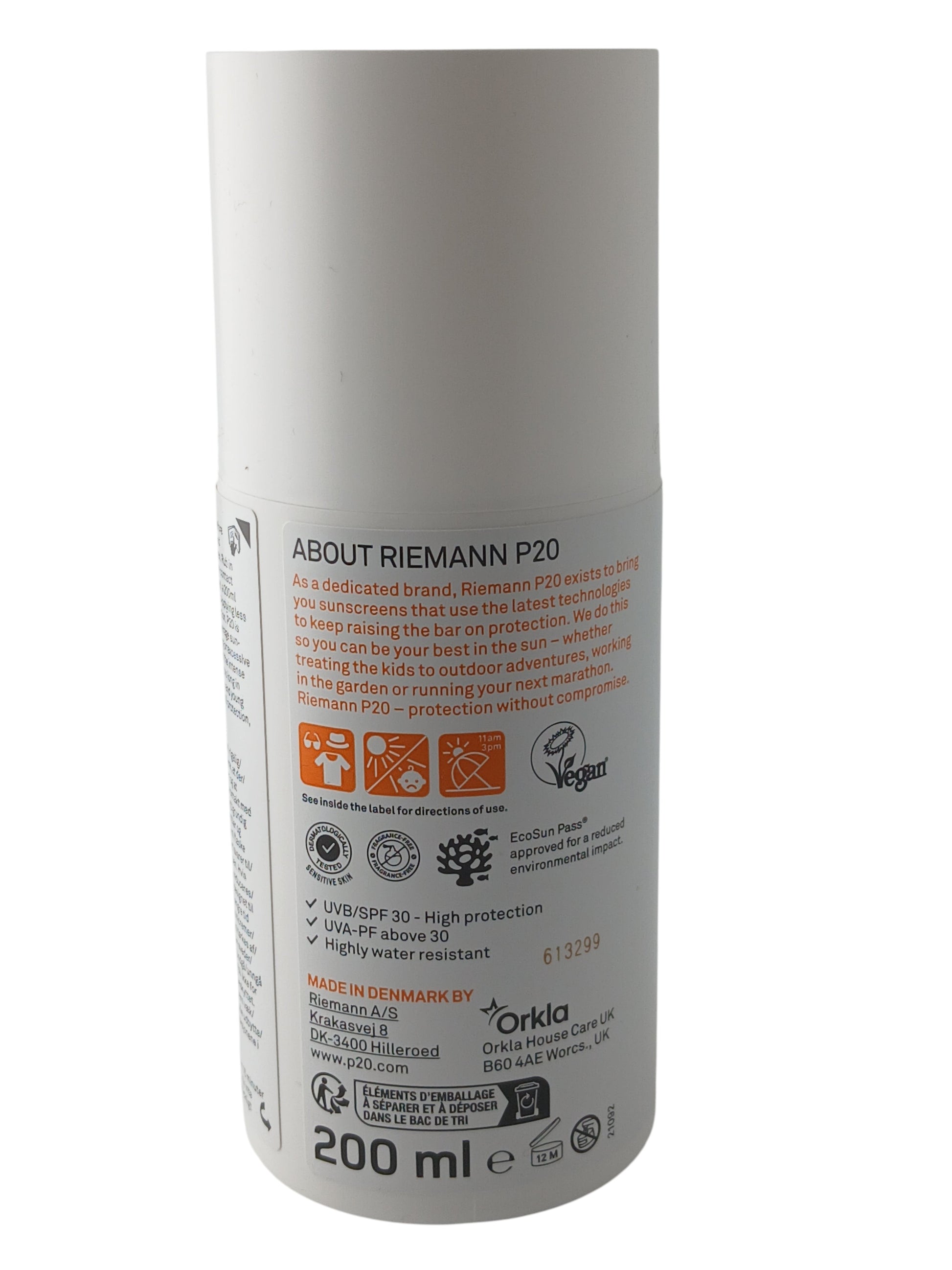 Department Store UK Riemann P20 SPF 30 sensitive skin sunscreen cream 200ml bottle back view with product information