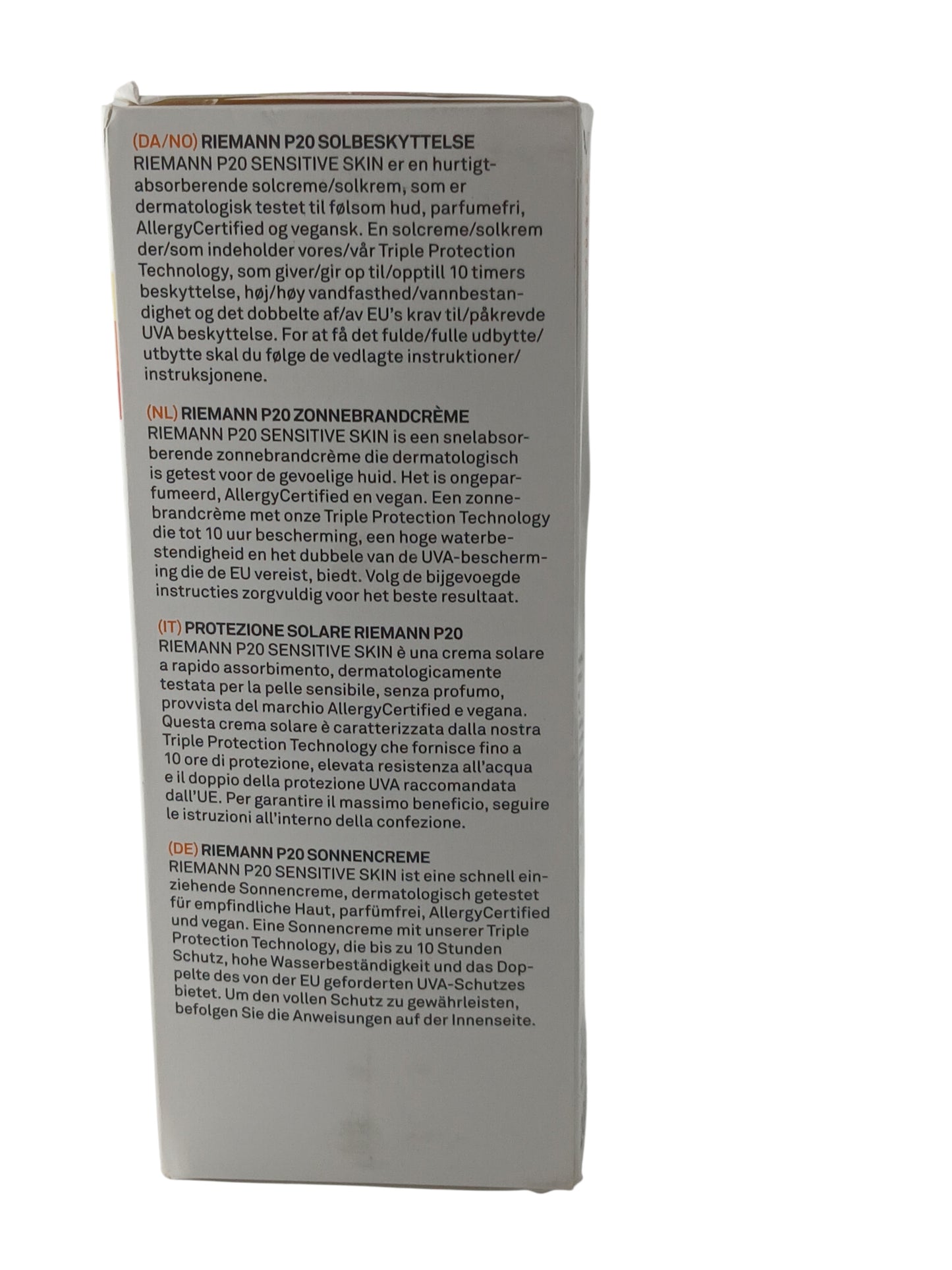 Department Store UK Riemann P20 SPF 50+ Sensitive Skin sunscreen box side view with multilingual product information