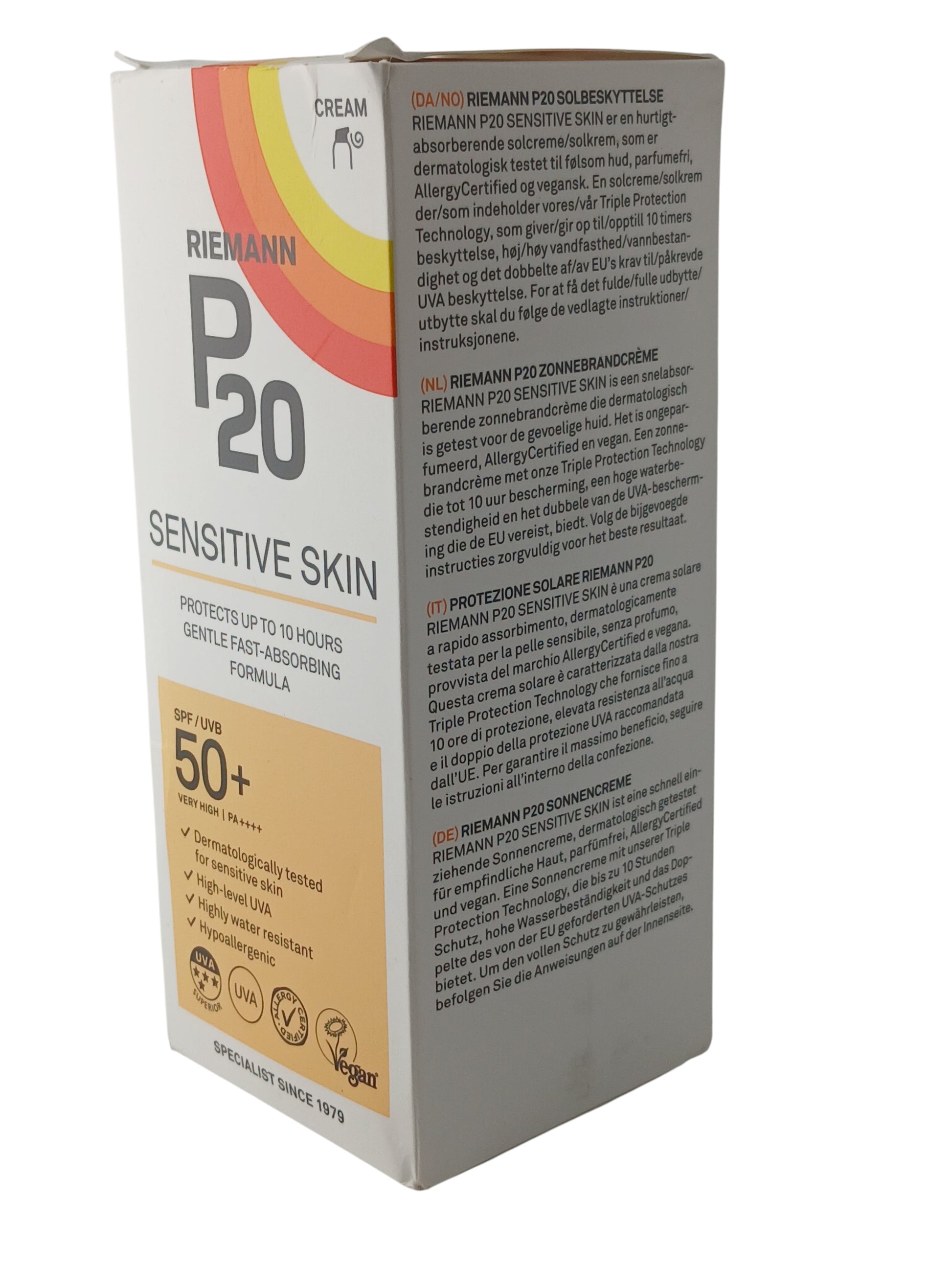 Department Store UK Riemann P20 Sensitive Skin SPF 50+ sunscreen cream box with multi-language product information