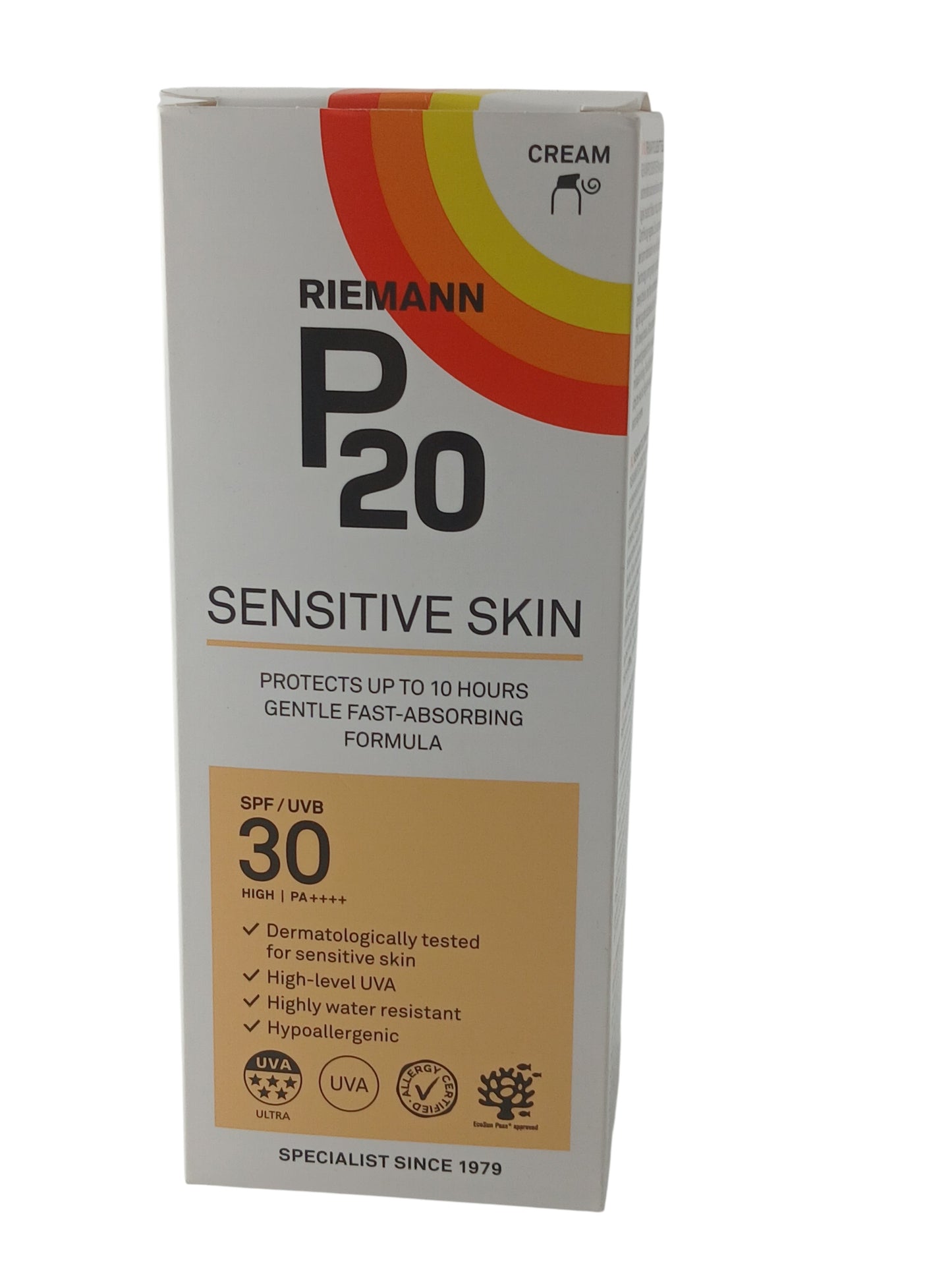 Department Store UK Riemann P20 SPF 30 Sensitive Skin sunscreen cream in a 200ml white and orange box