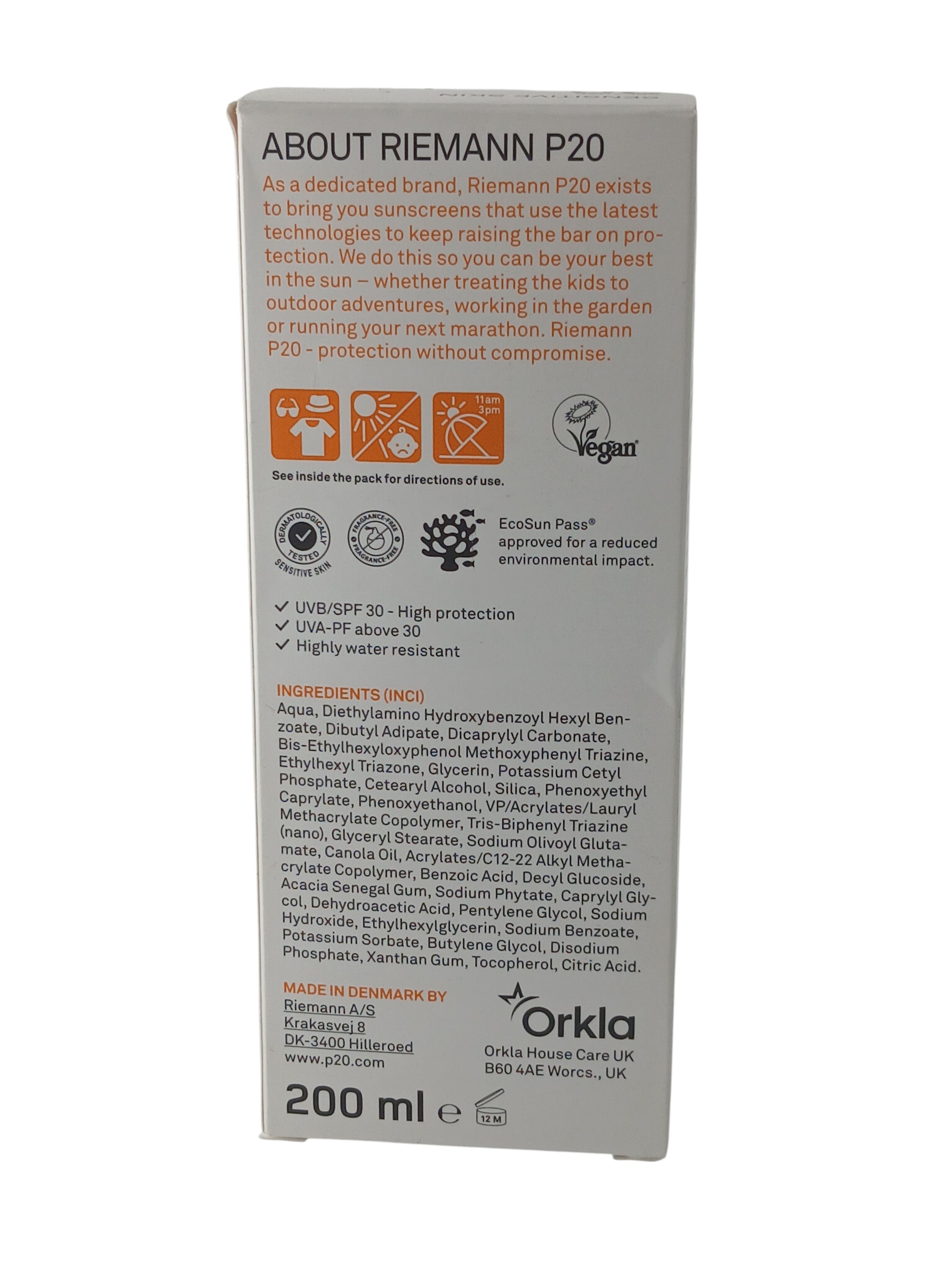 Department Store UK Riemann P20 SPF 30 sensitive skin sunscreen cream packaging back with ingredients and icons