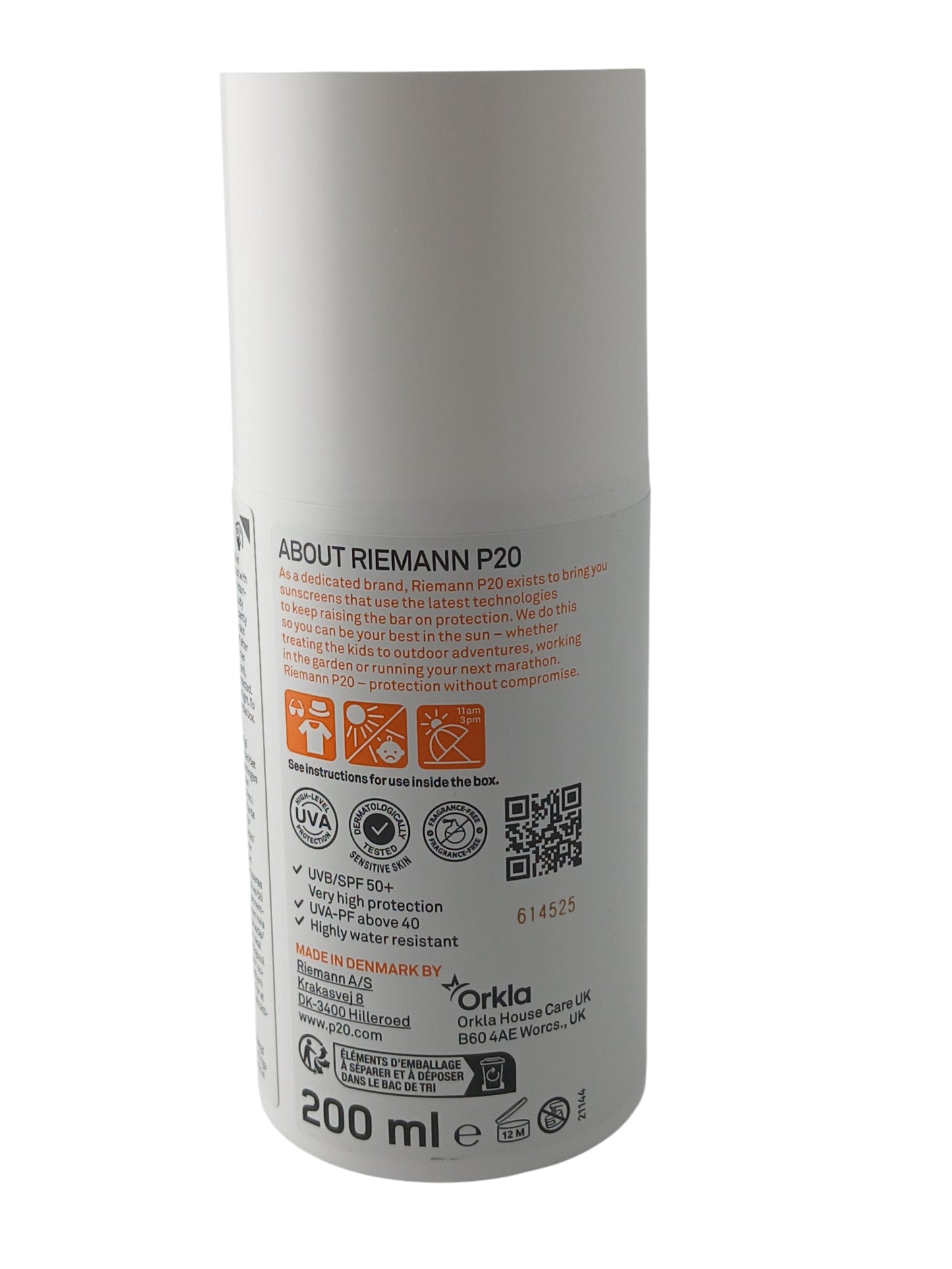 Department Store UK Riemann P20 SPF 50+ sunscreen cream bottle back label with product information and usage details