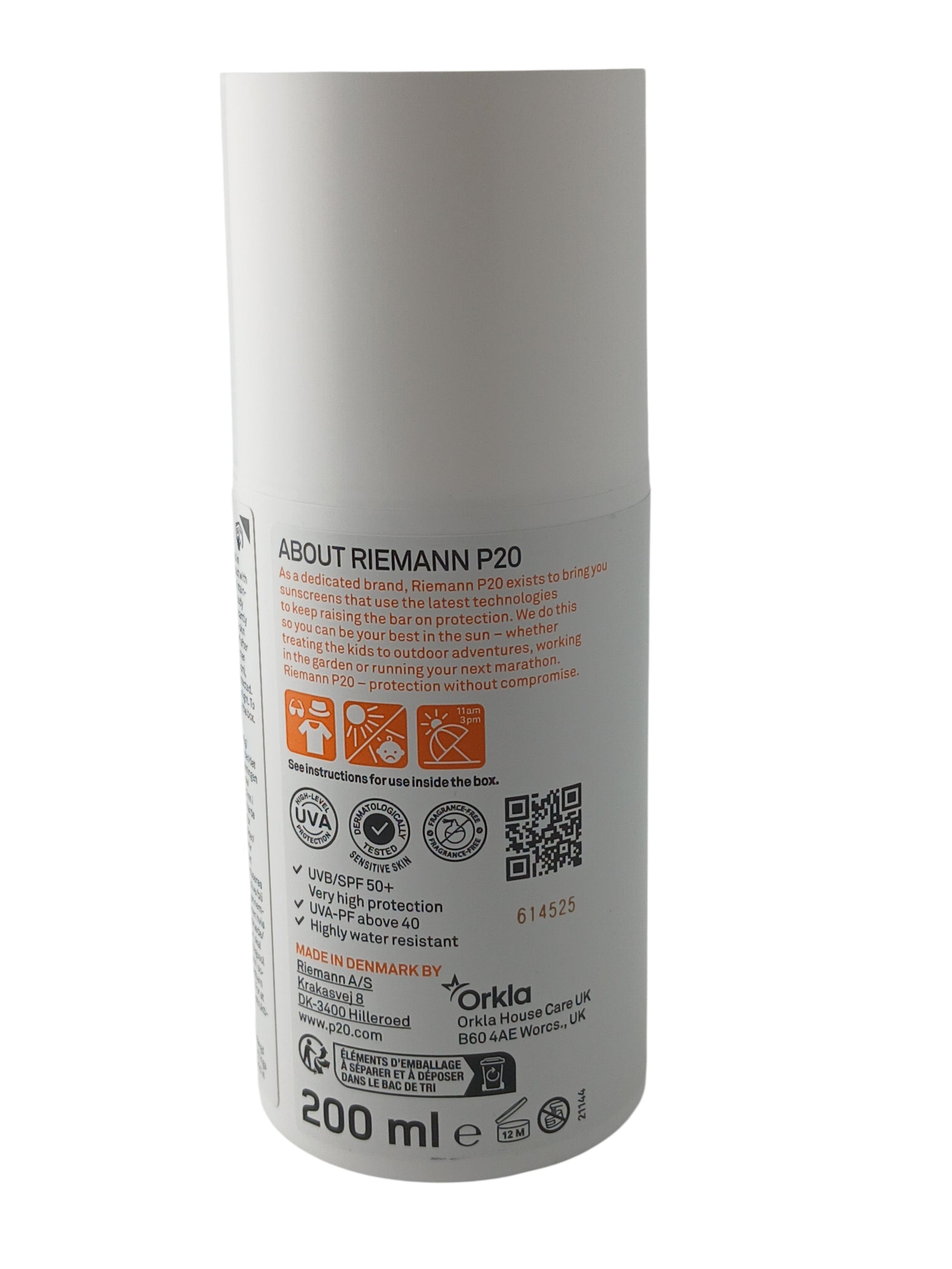 Department Store UK Riemann P20 SPF 50+ sunscreen cream bottle back label with product information and usage details