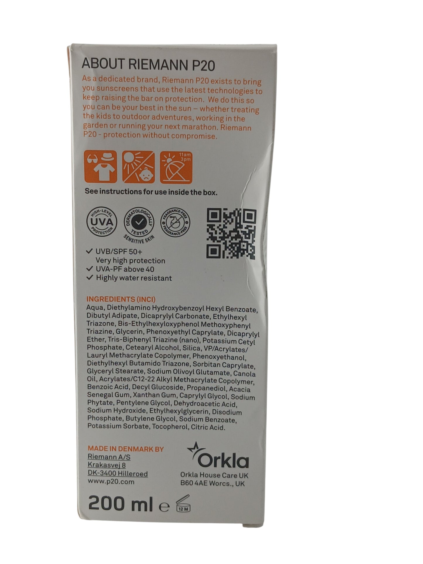 Department Store UK Riemann P20 SPF 50+ sunscreen cream packaging back label with ingredients and usage information