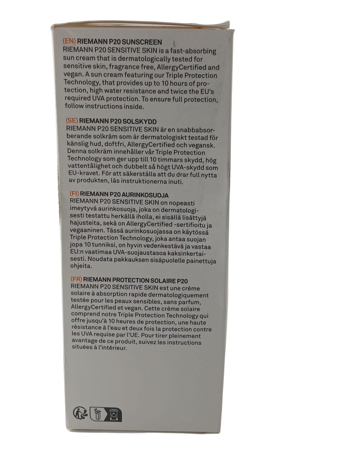 Department Store UK Riemann P20 SPF 50+ sunscreen packaging side view with multilingual product information